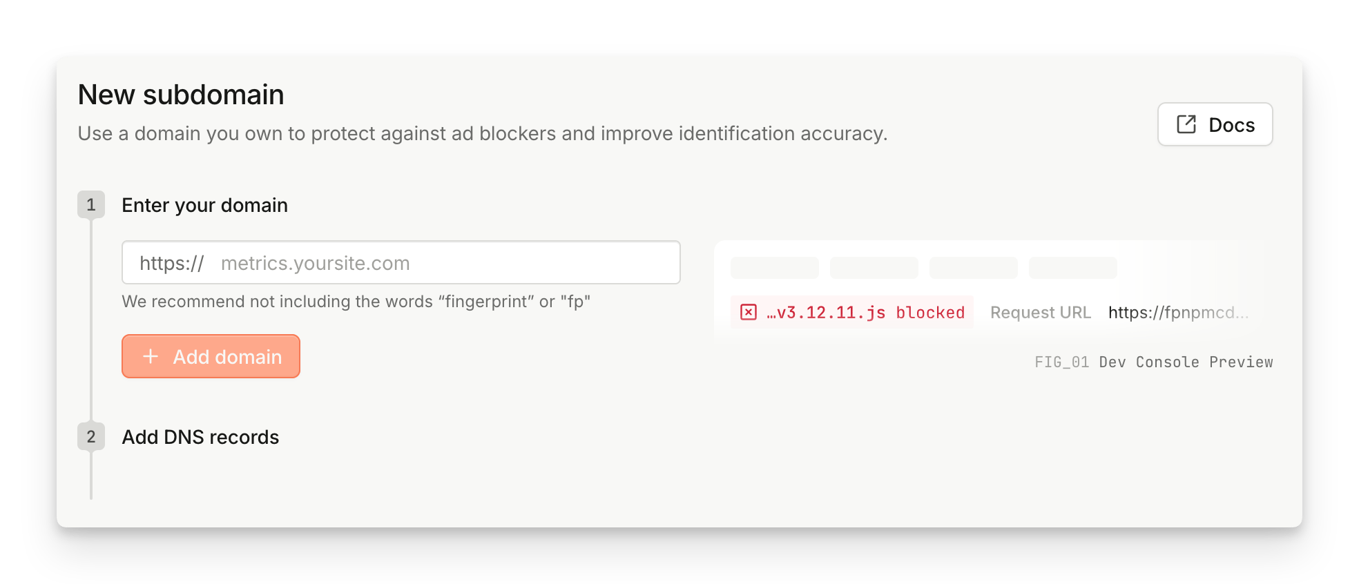 New subdomain form with a field to enter your domain and a step to add DNS records