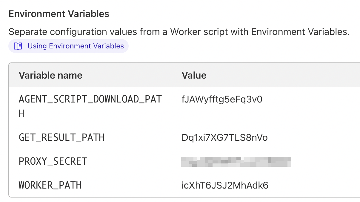 Screenshot of the worker's environment variables