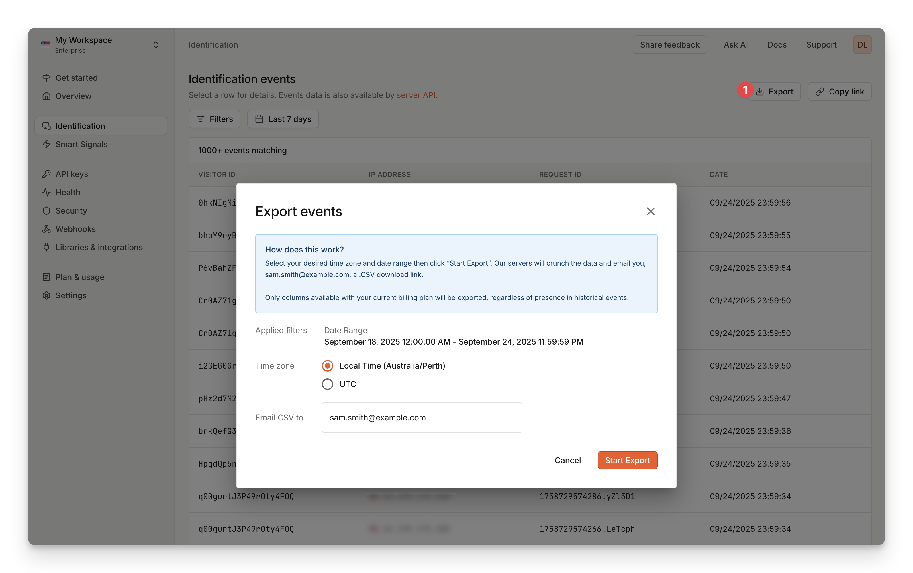 Dashboard analytics CSV export