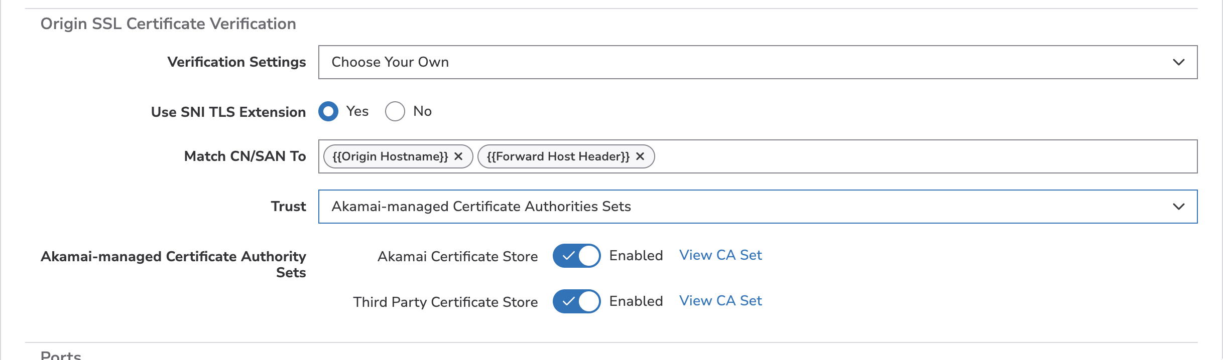 Origin SSL Certificate Verification settings in Akamai Property Manager
