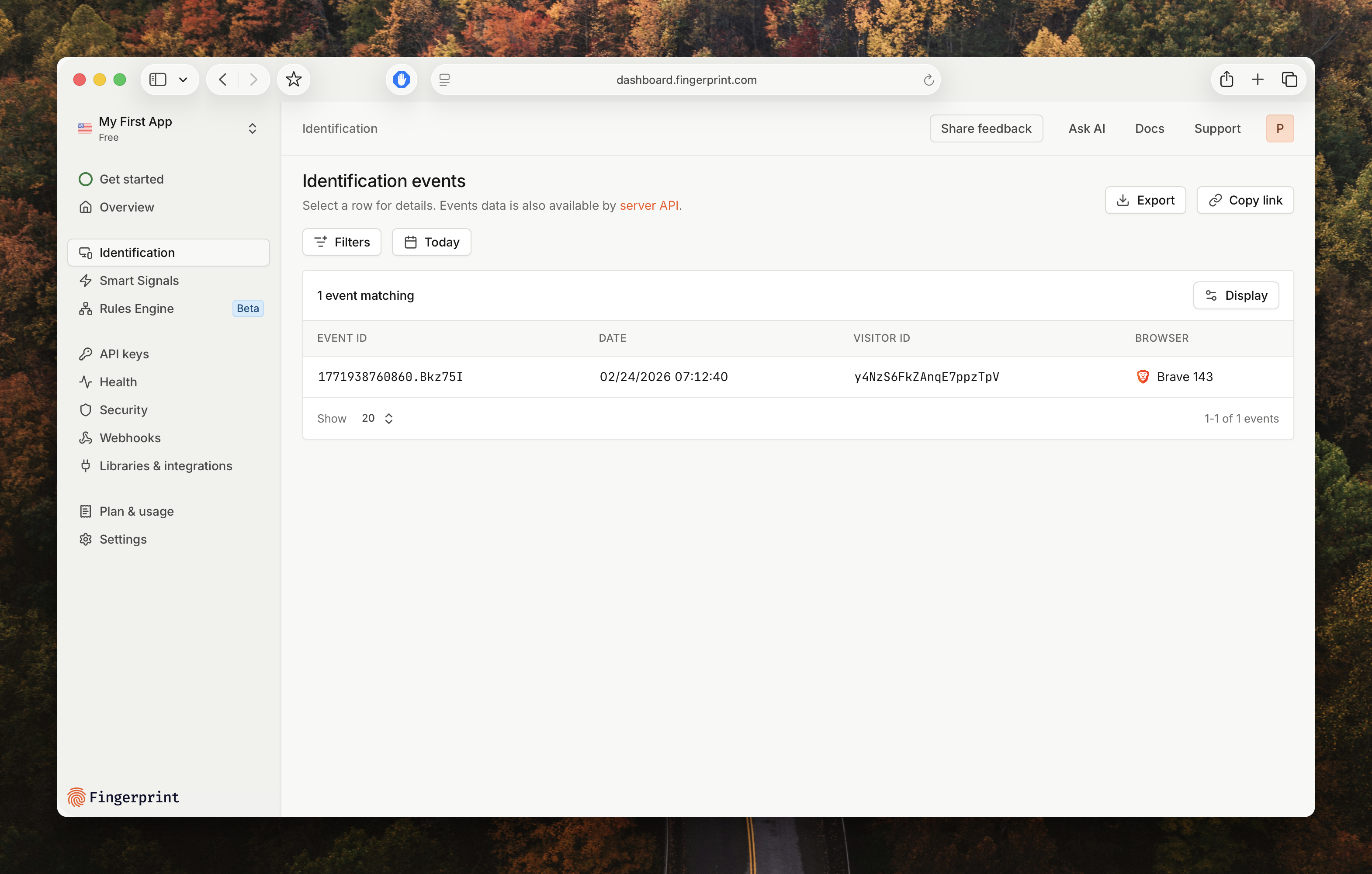 A screenshot of the Events page in the Fingerprint Dashboard. It shows the events table with a single identification event, including event_id, date, visitor_id, and browser columns.
