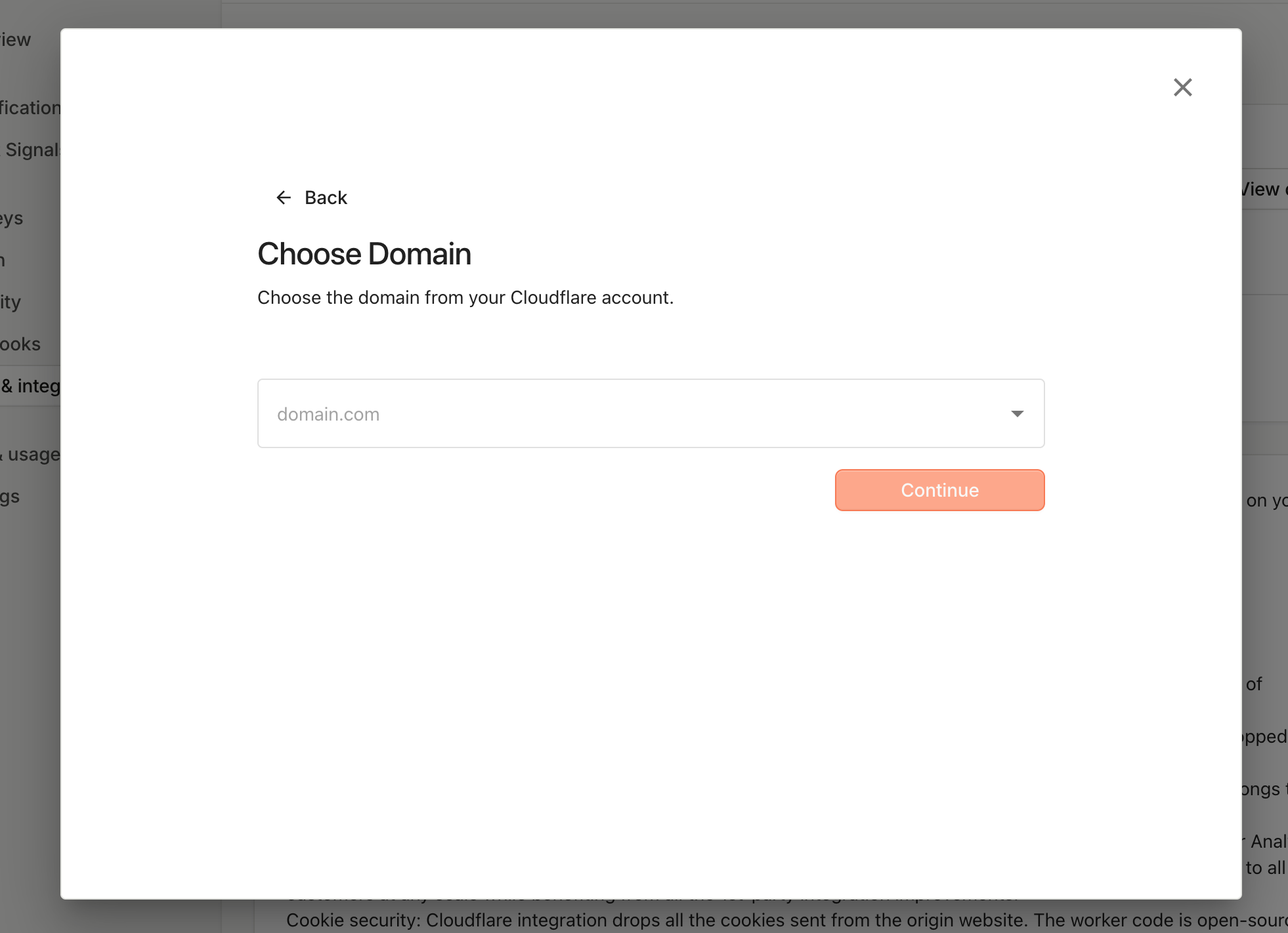 Cloudflare configuration wizard - Select domain