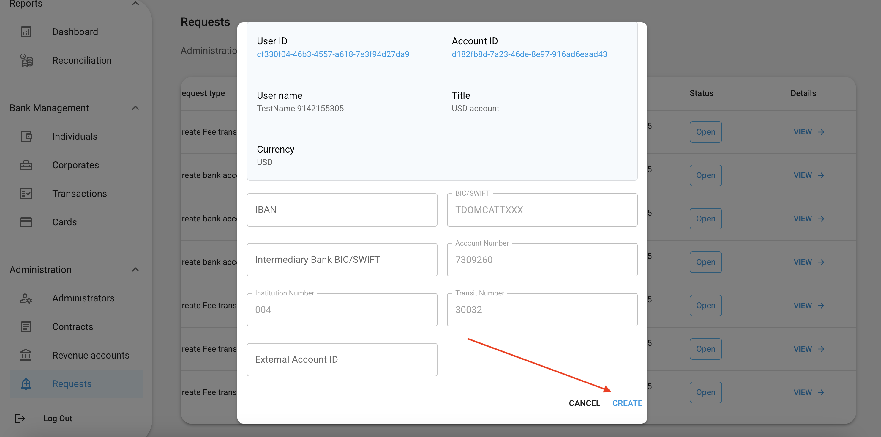 Backoffice Bank Details Create