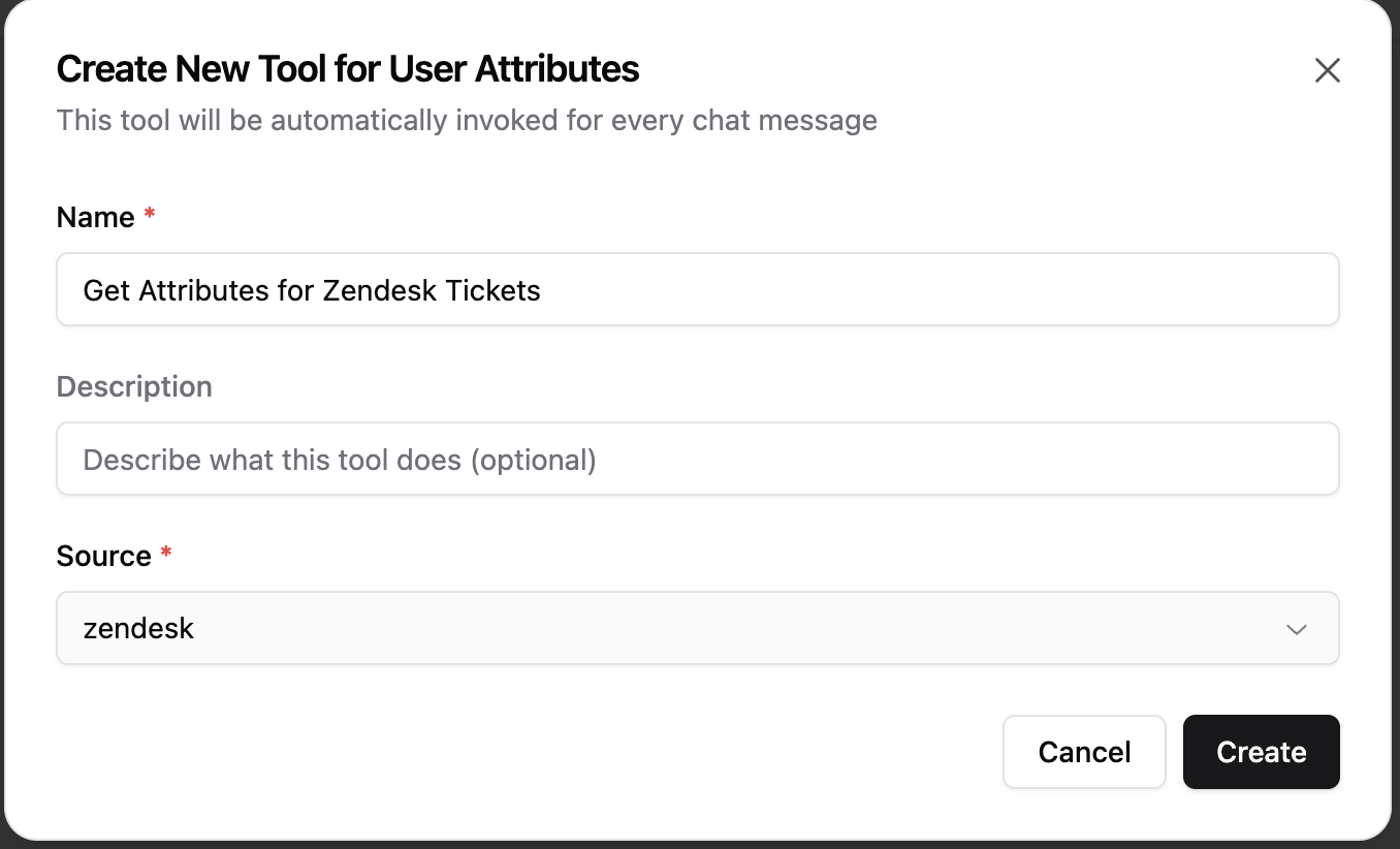 New Attribute dialog with Source set to zendesk