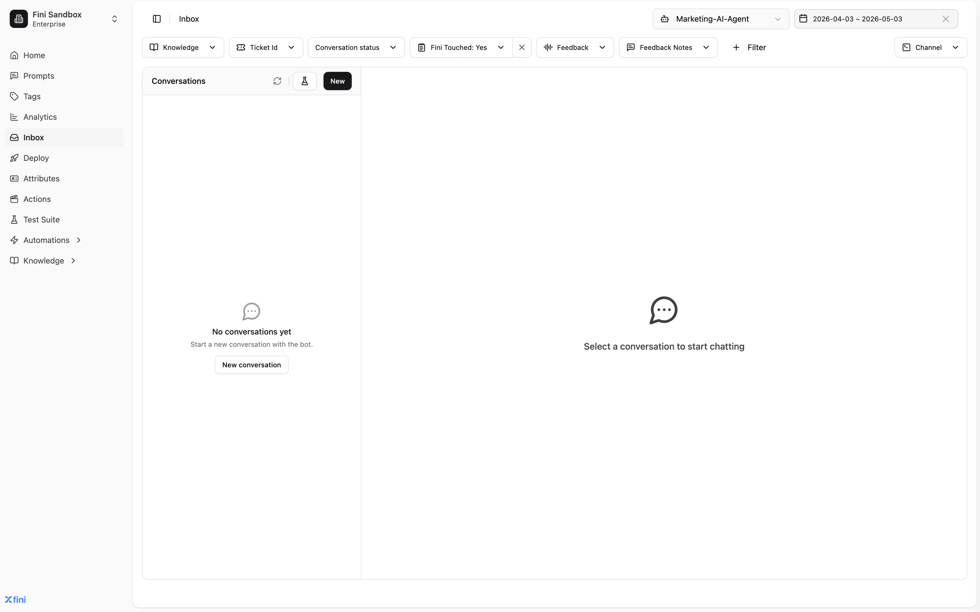 Inbox page with Marketing-AI-Agent selected and filter chips for Knowledge, Ticket Id, Conversation status, Fini Touched, Feedback, and Channel