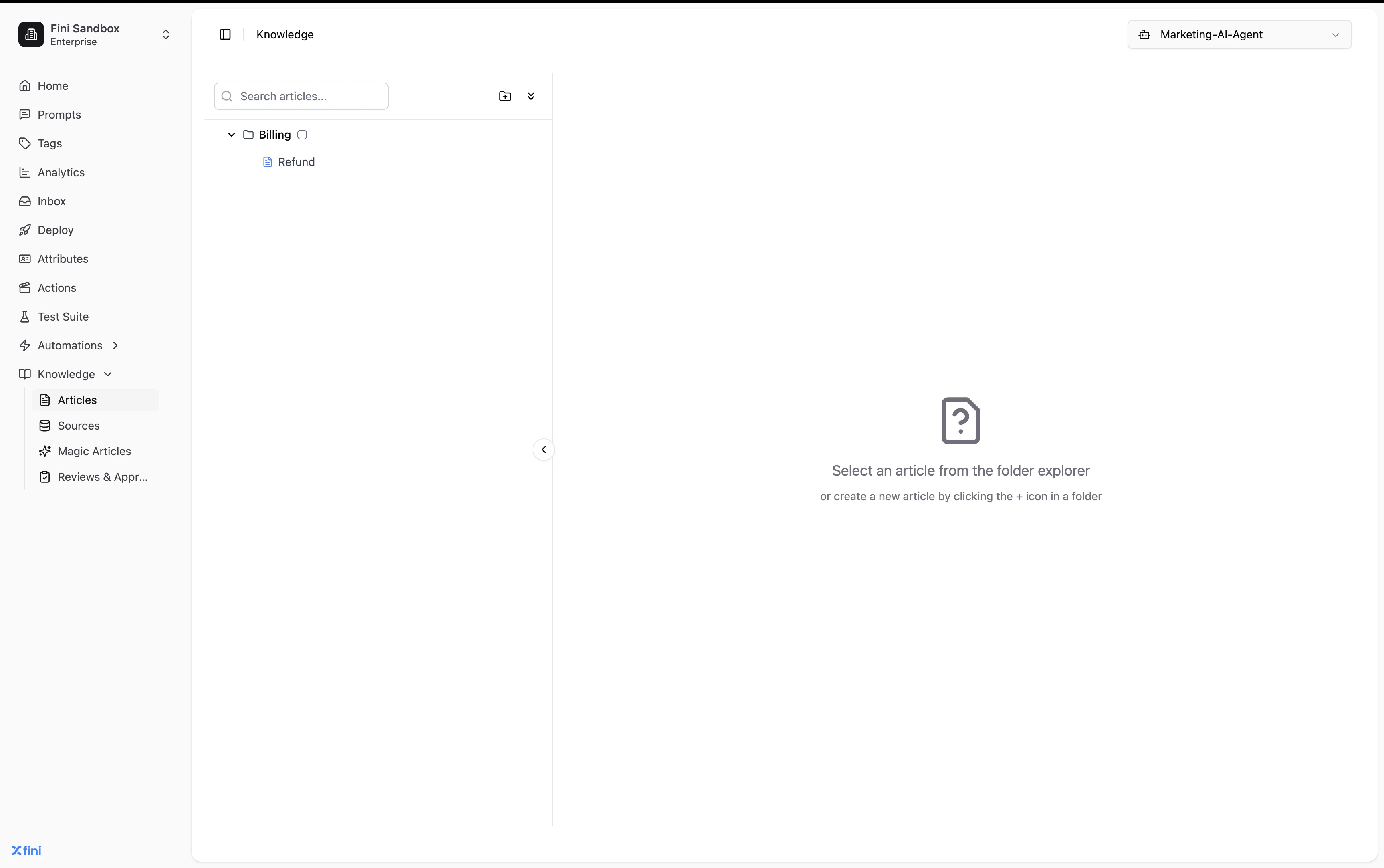Knowledge page with Marketing-AI-Agent selected in the agent selector