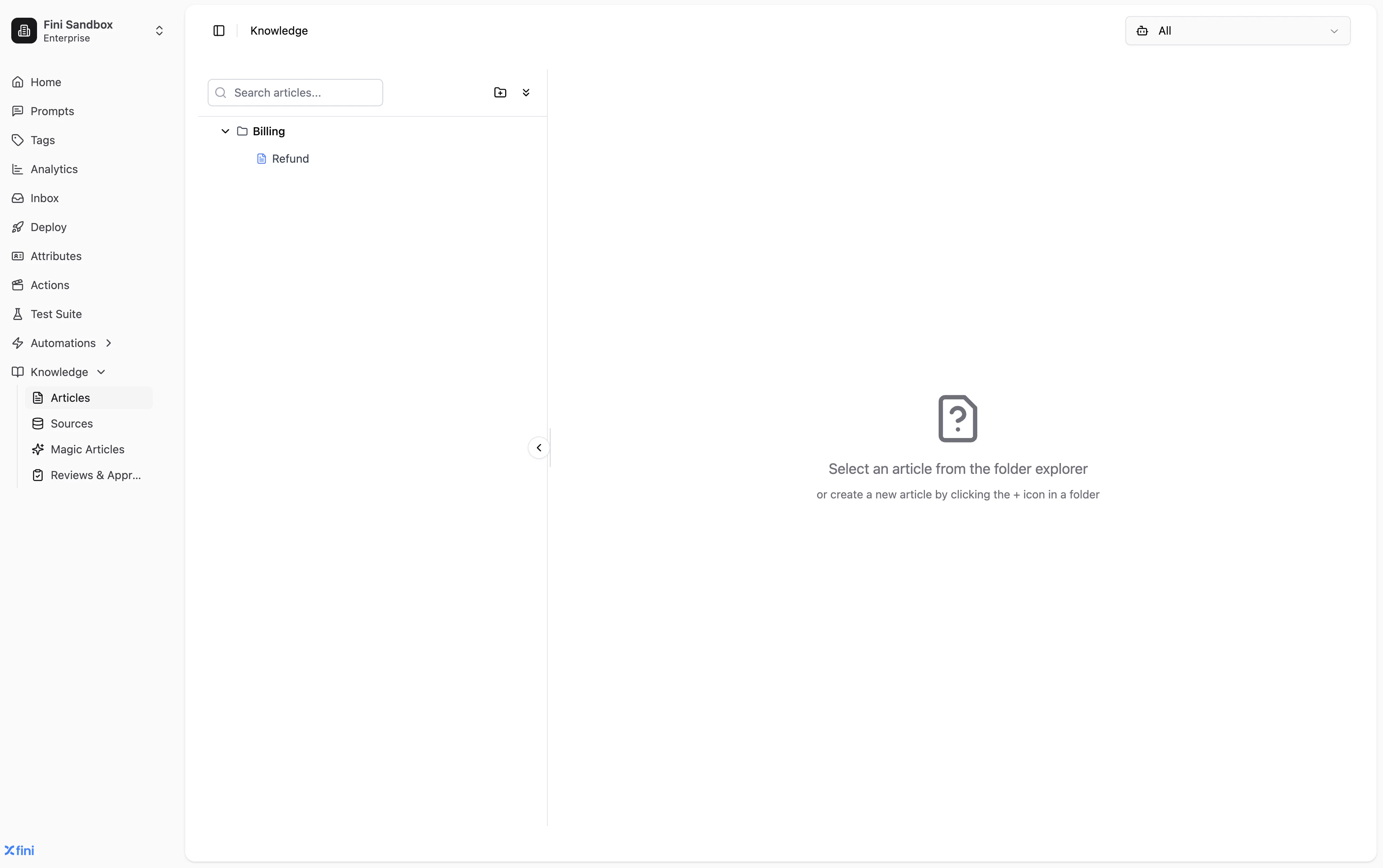 Knowledge page with All selected in the agent selector, showing the Billing folder with a Refund article