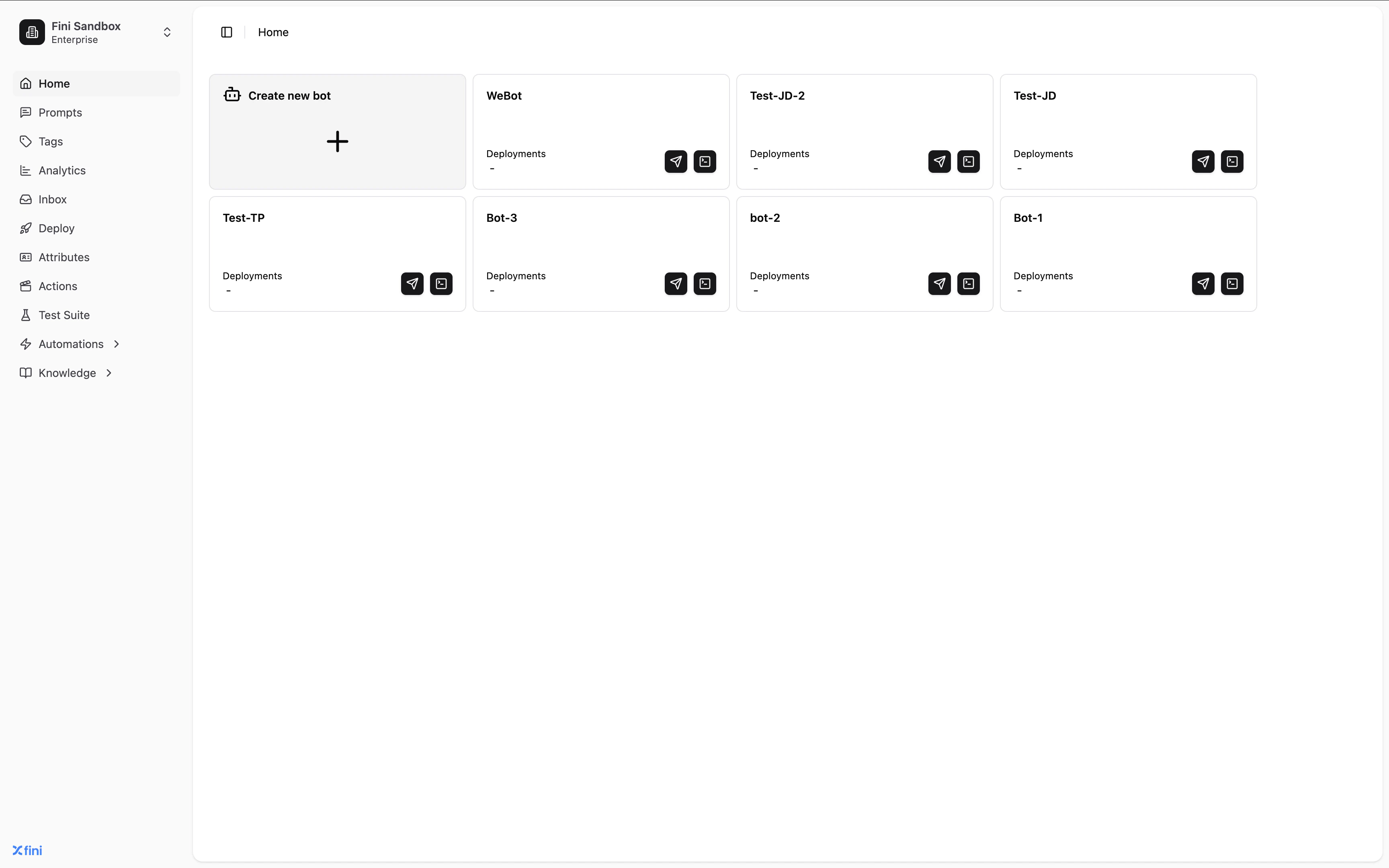 AI Agents home page with a grid of bot cards and a Create new bot card in the top-left