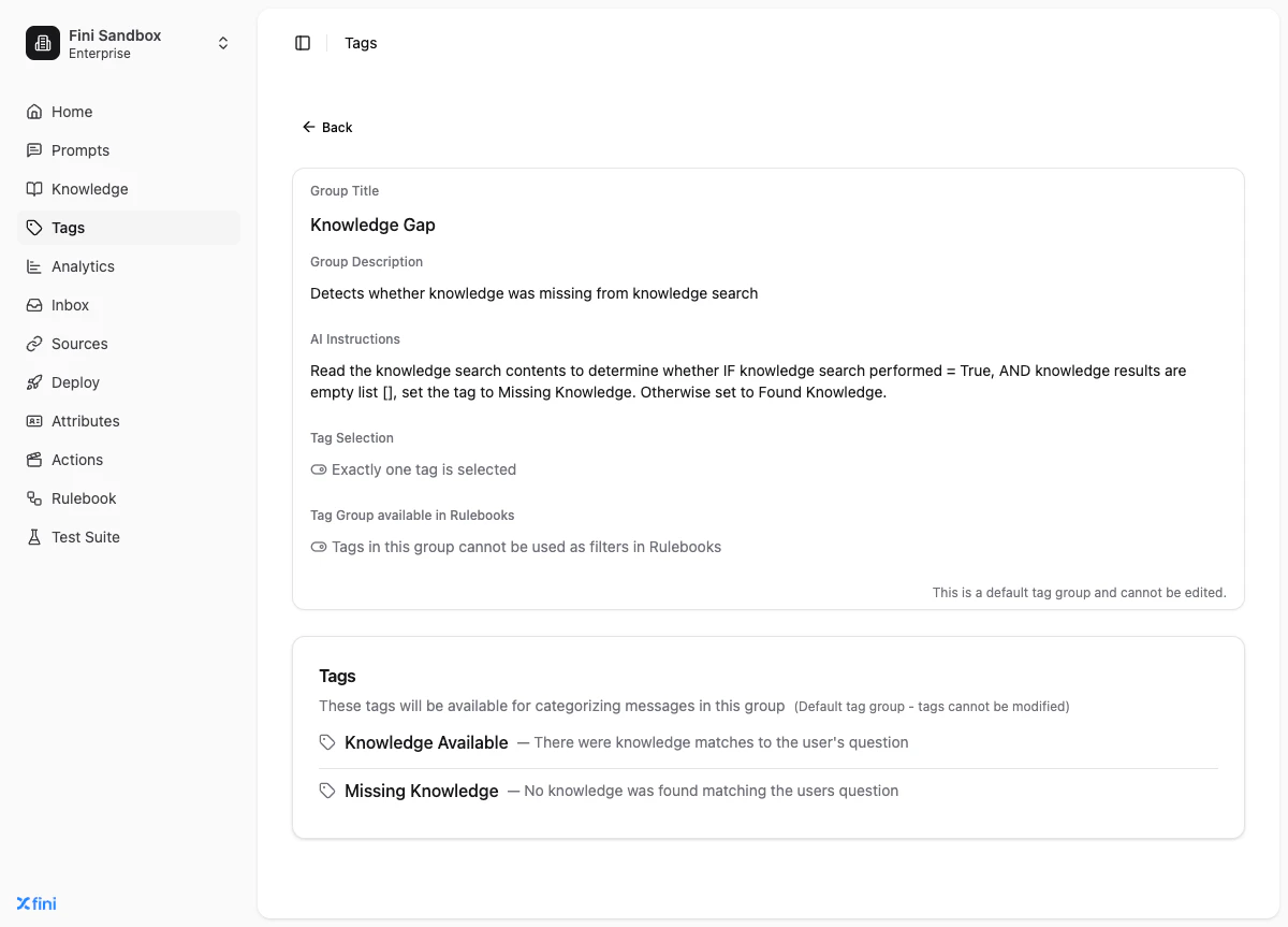 Tag group detail page showing Tag Selection setting and the Tags section with existing tags