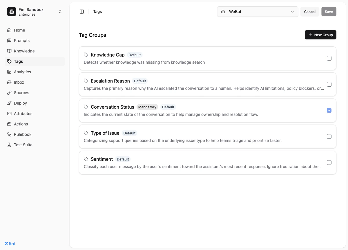 Tags page in assignment mode with AI agent selected and checkboxes visible on each group