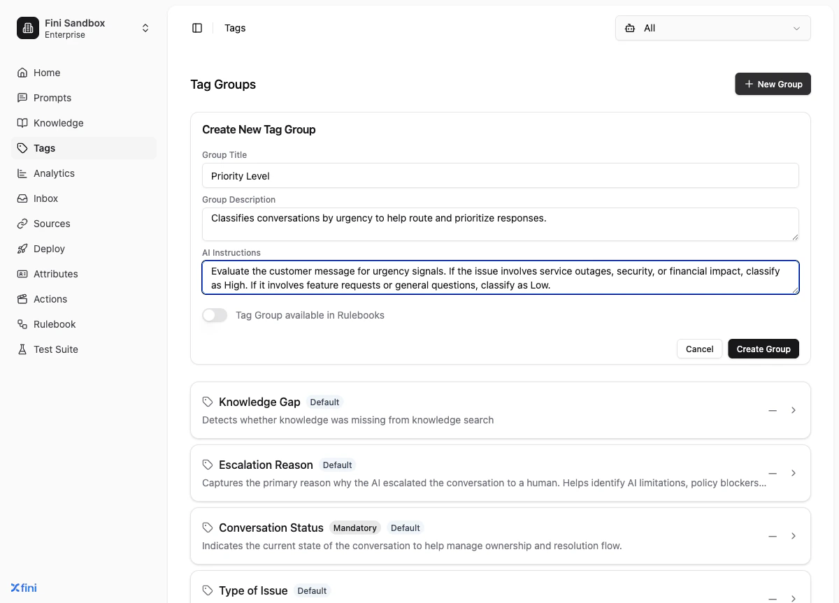 Create New Tag Group form showing all input fields