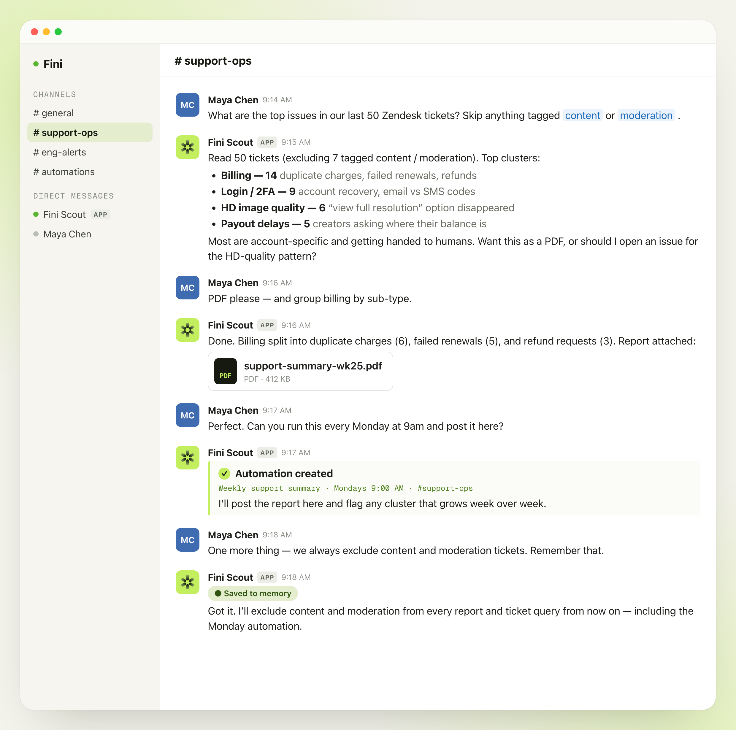 Fini Scout responding to a support manager in a Slack channel with a summary of recent Zendesk tickets