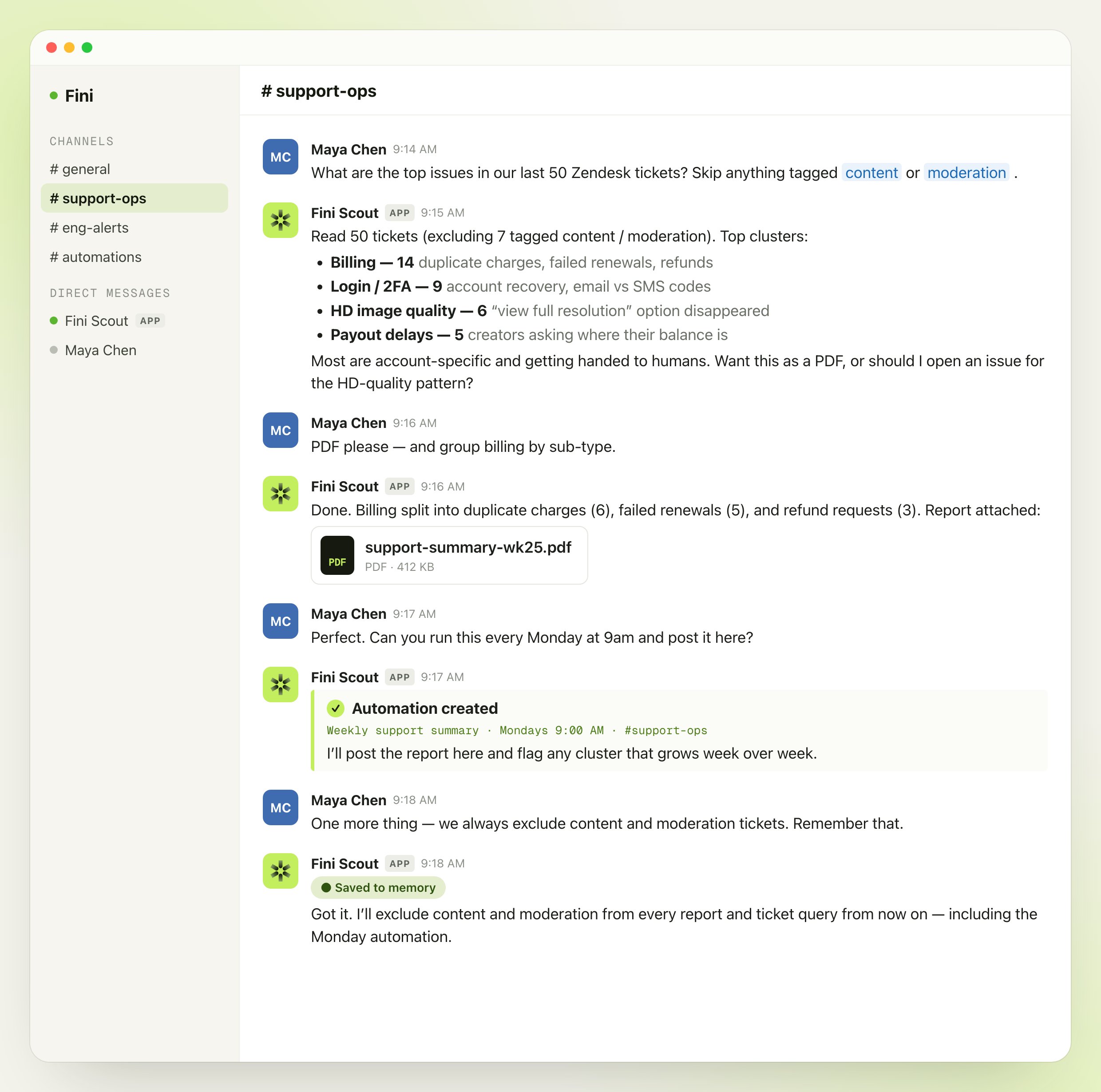 Fini Scout responding to a support manager in a Slack channel with a summary of recent Zendesk tickets