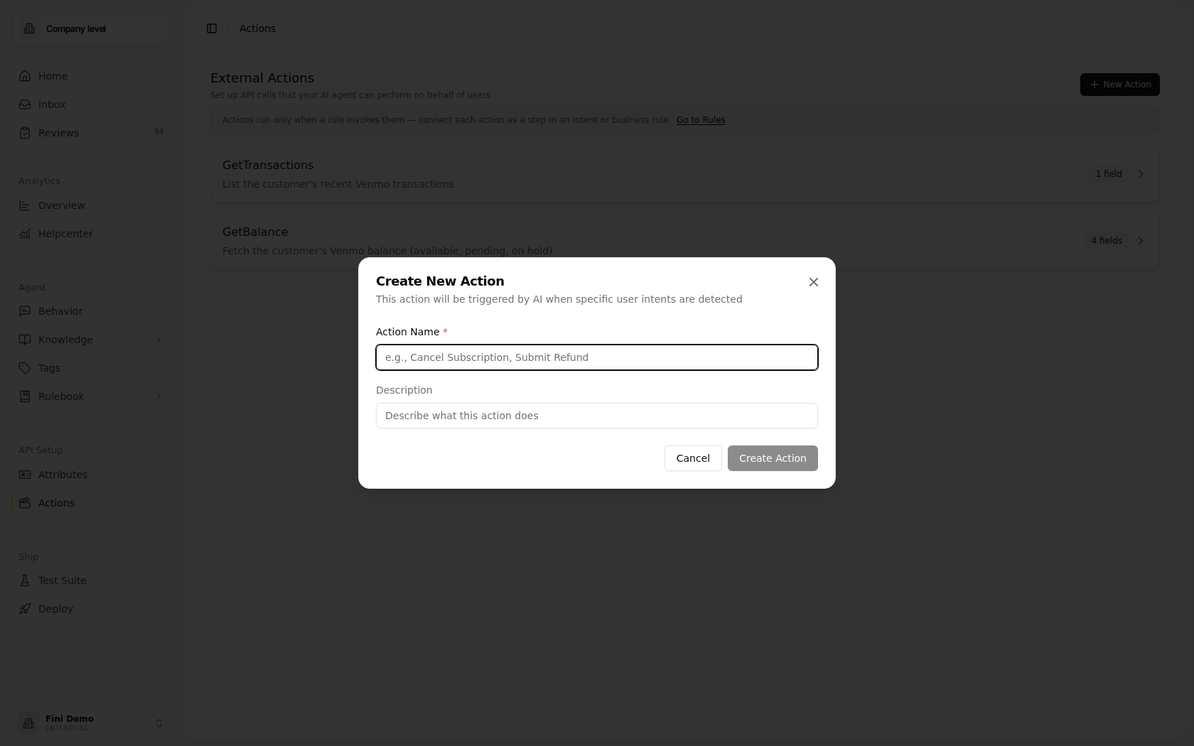 Create New Action dialog showing Action Name, Description, Cancel, and Create Action controls