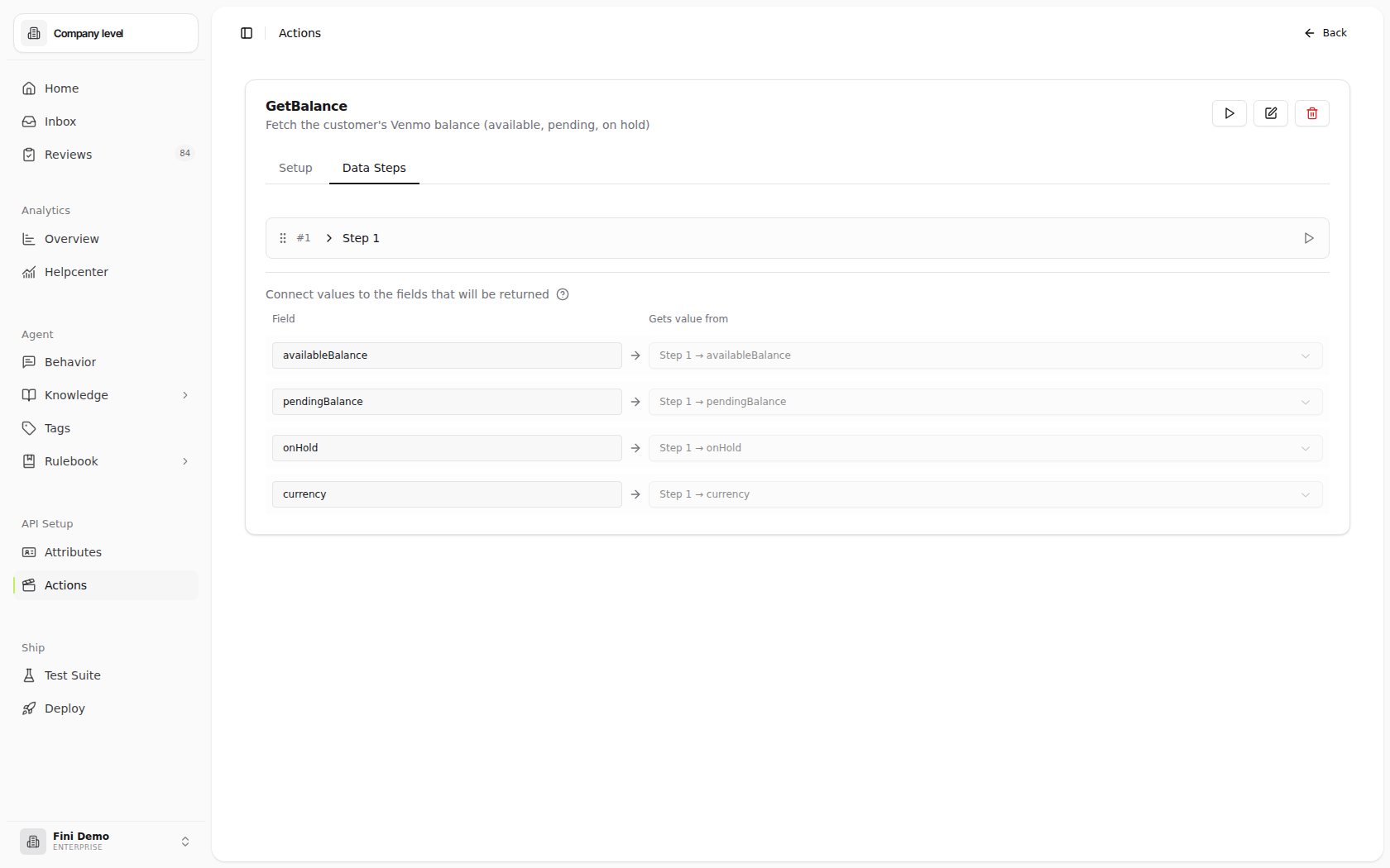 Data Steps tab: one HTTP step with Step Name, Method, URL, Headers and Save From Response, plus the Connect values panel mapping each output field