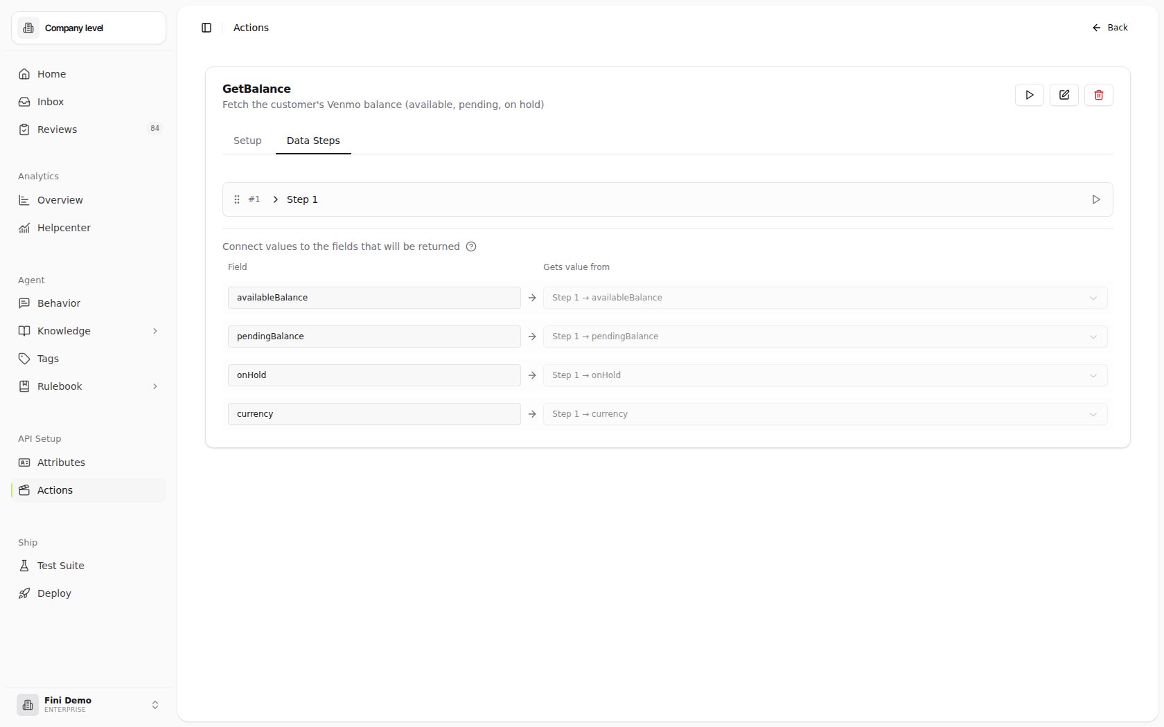 Data Steps tab: one HTTP step with Step Name, Method, URL, Headers and Save From Response, plus the Connect values panel mapping each output field