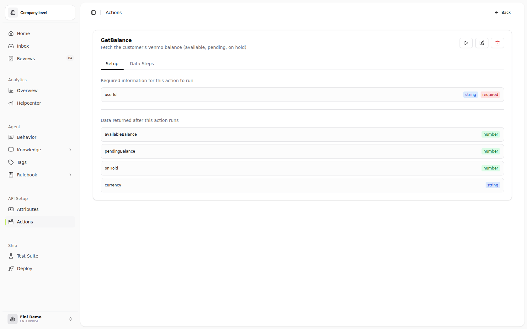 Setup tab showing a required string input under Required information, and boolean and string fields under Data returned after this action runs