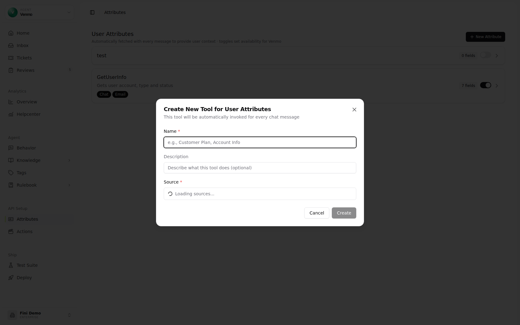 Create New Tool for User Attributes dialog showing Name, Description, Source, Cancel, and Create controls