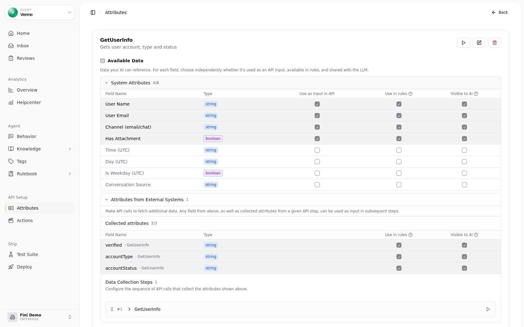 Attribute detail view for a UI source showing the System Attributes, UI Metadata Attributes, Attributes from External Systems, and Data Collection Steps sections