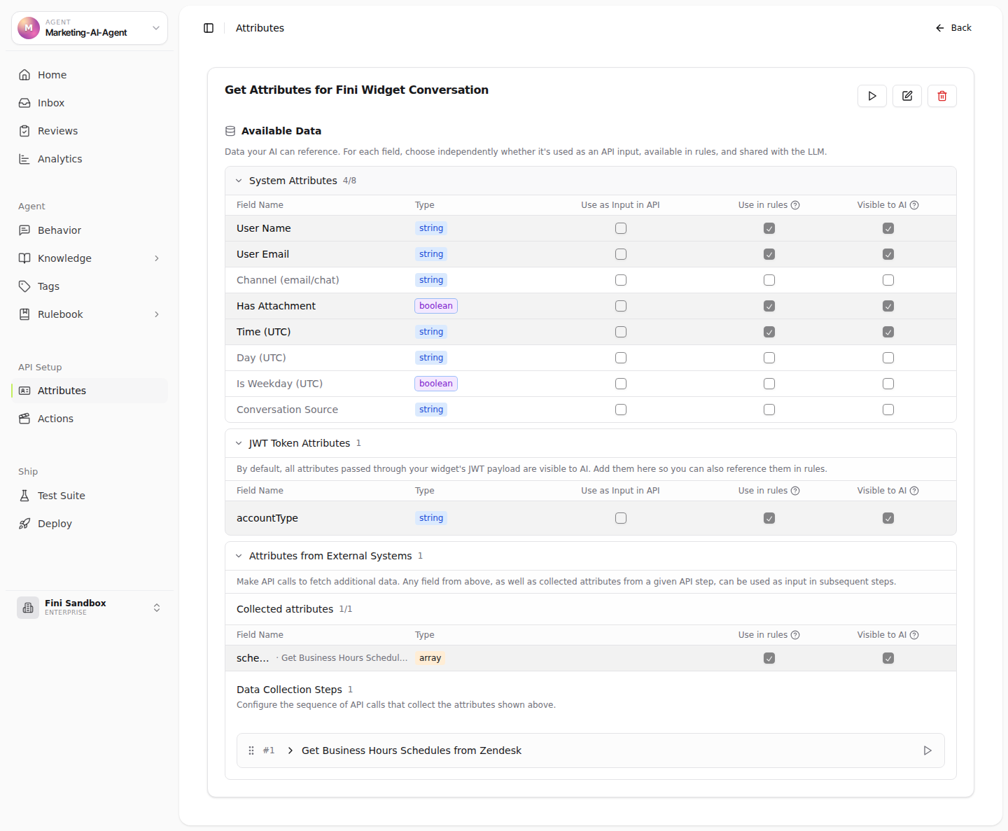 Attribute detail view for a Widget source showing System Attributes, Zendesk Settings, JWT Token Attributes, External Systems, and Data Collection Steps