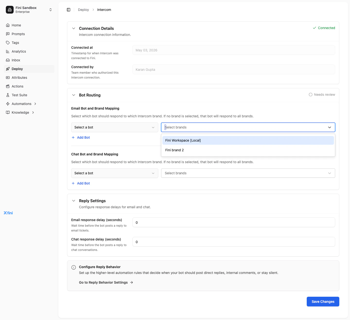 Brand selection dropdown showing the available Intercom brands