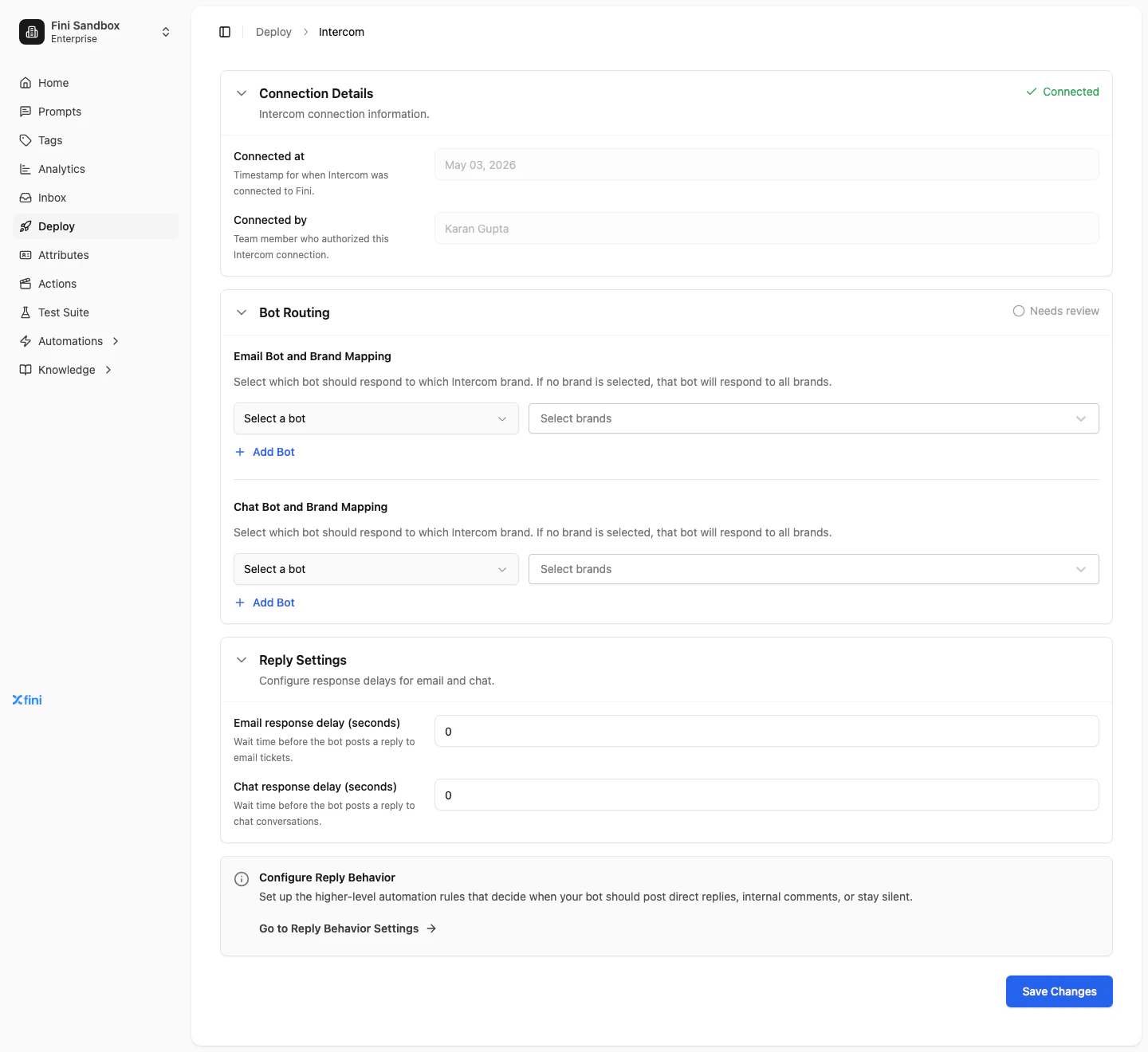 Intercom deploy page after connecting, showing all configuration sections