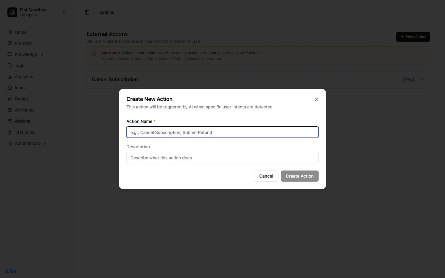 New Action dialog with Name and Description fields
