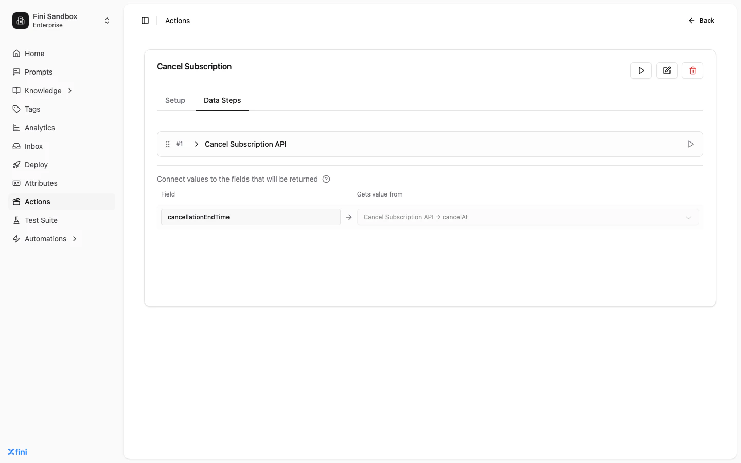 Data Steps tab: one HTTP step with Step Name, Method, URL, Headers and Save From Response, plus the Connect values panel mapping each output field