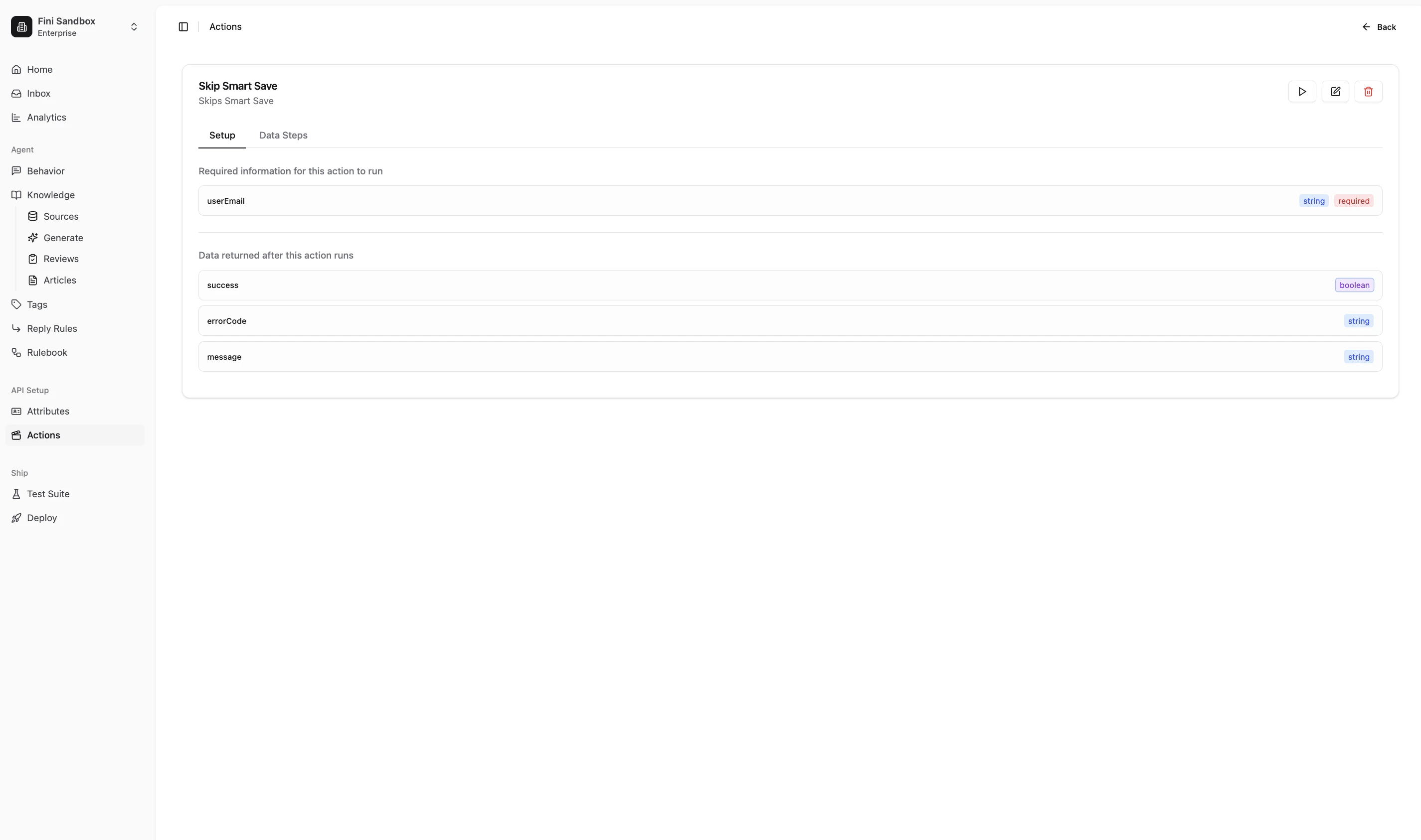 Setup tab showing a required string input under Required information, and boolean and string fields under Data returned after this action runs