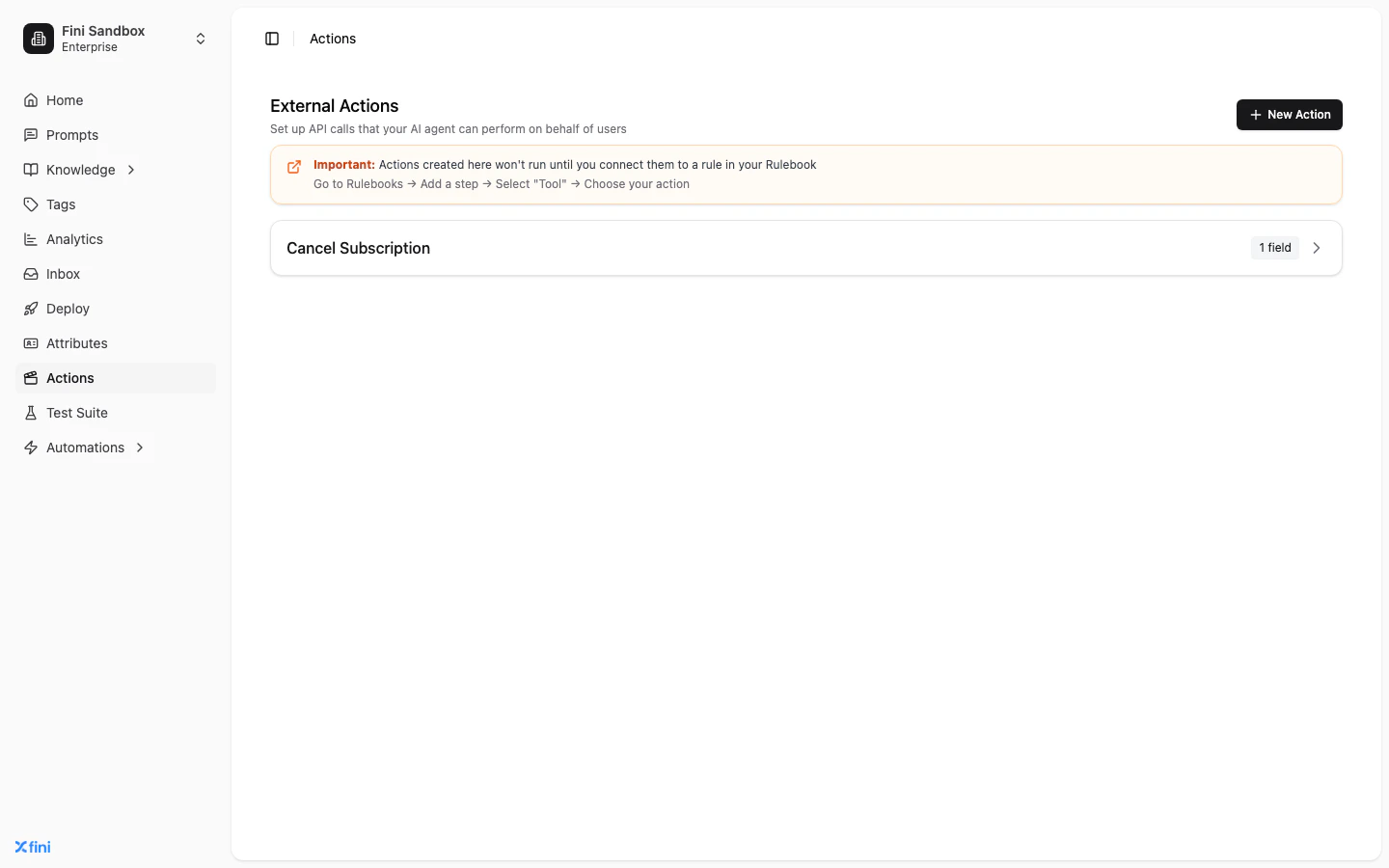 External Actions list page showing card and account operations, each with its field count