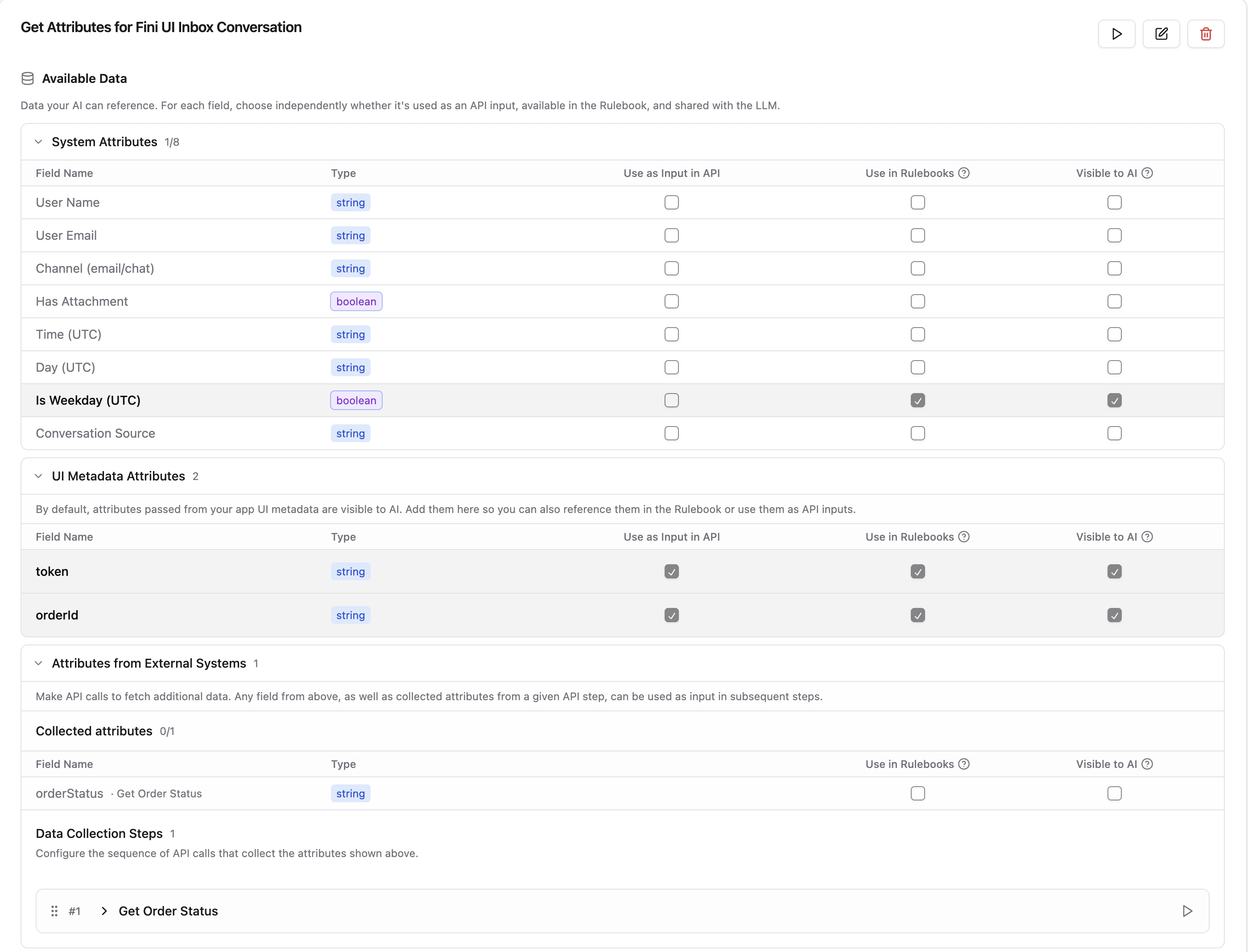 Attribute detail view for a UI source showing the System Attributes, UI Metadata Attributes, Attributes from External Systems, and Data Collection Steps sections