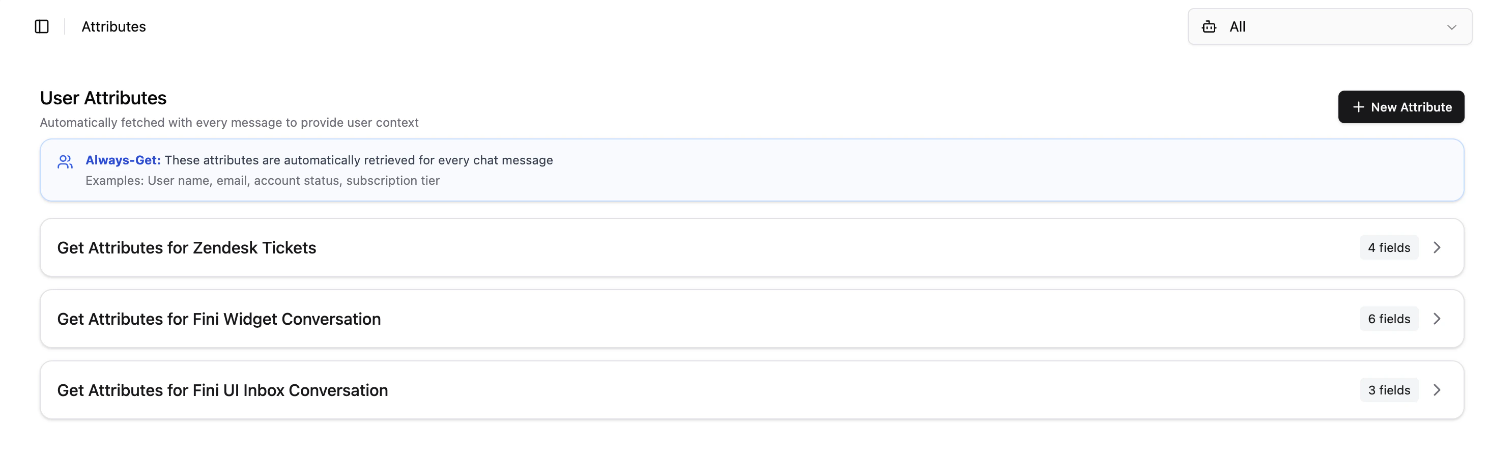User Attributes page listing every configured attribute with its field count, viewed across all agents