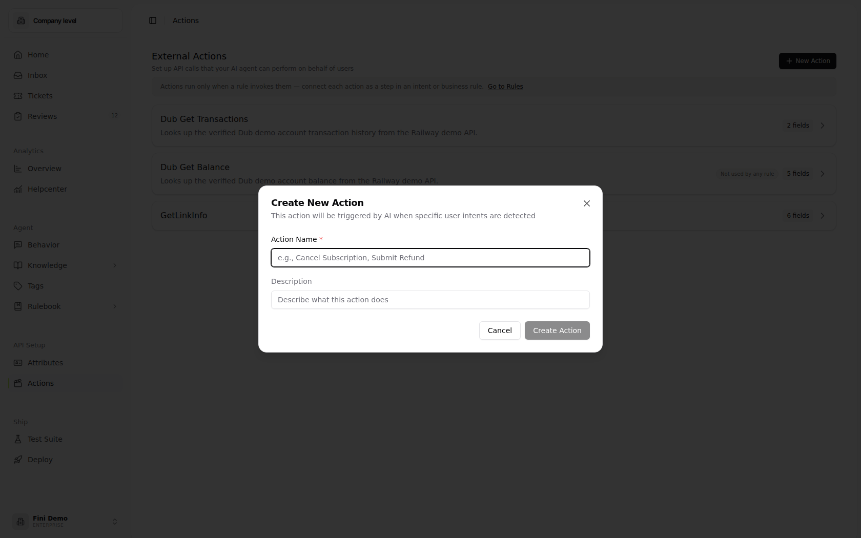 Create New Action dialog showing Action Name, Description, Cancel, and Create Action controls