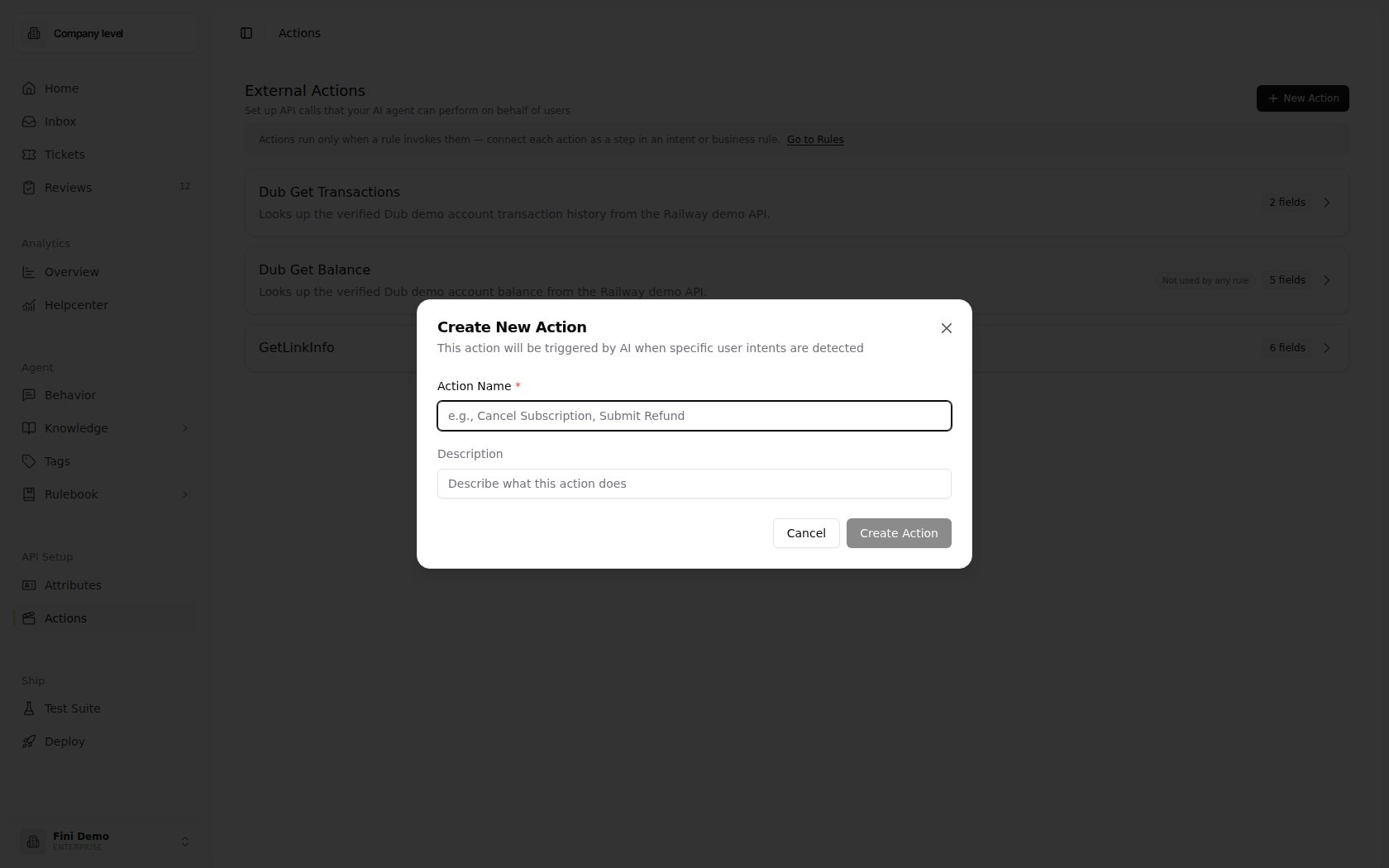 Create New Action dialog showing Action Name, Description, Cancel, and Create Action controls