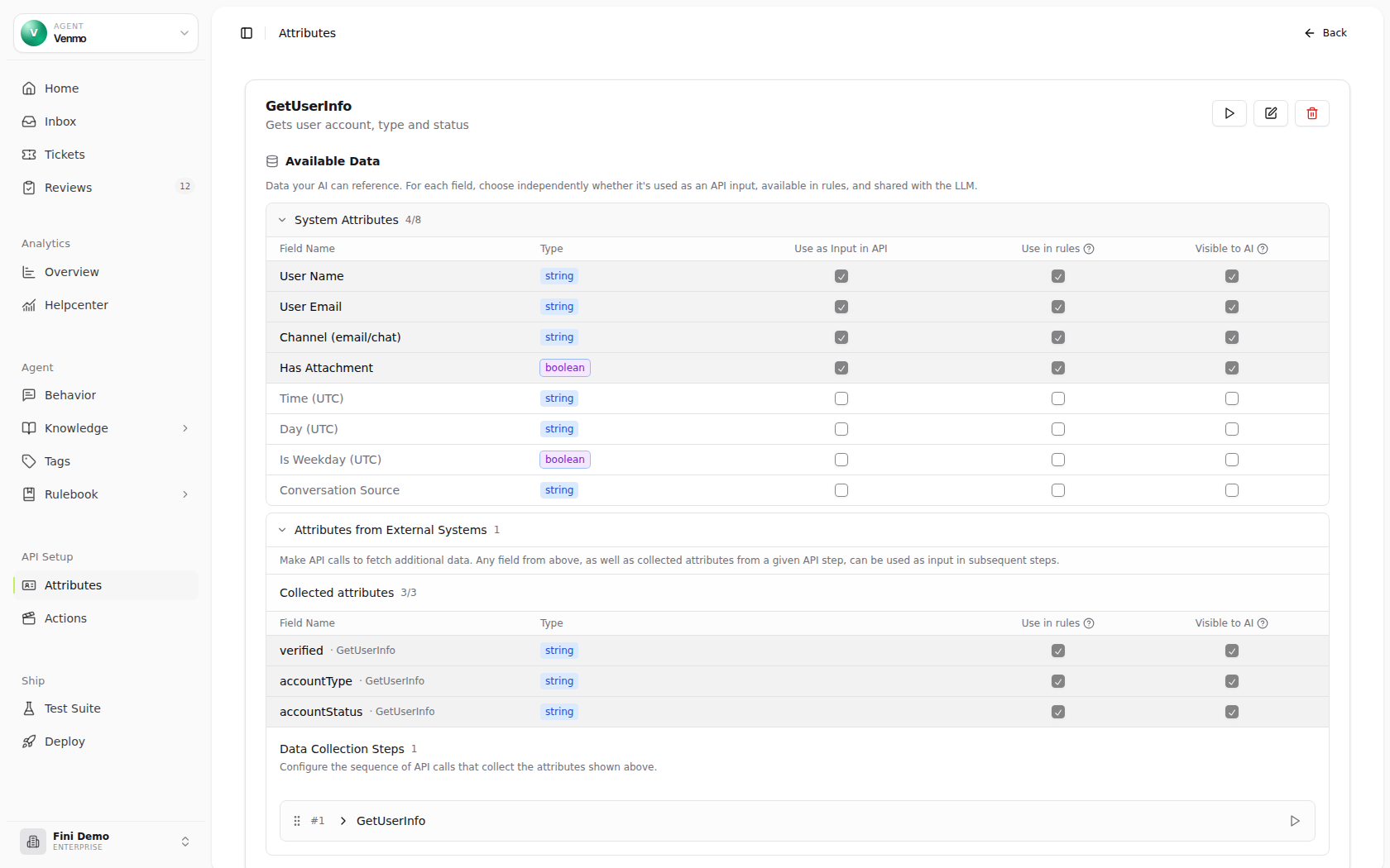 Attribute detail view for a UI source showing the System Attributes, UI Metadata Attributes, Attributes from External Systems, and Data Collection Steps sections