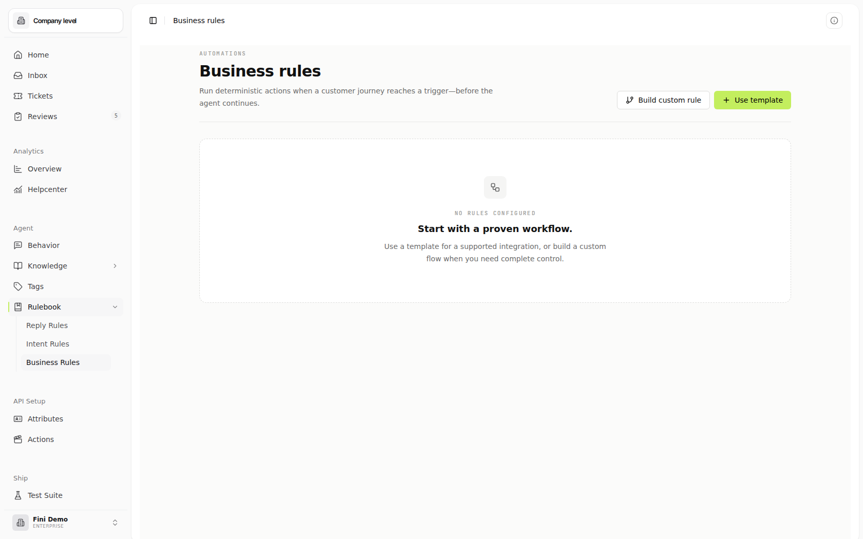Business Rules page in the Fini Demo workspace showing Use Default Rule and Create Custom actions plus a Zendesk Email Widget Escalation template rule with source Widget, trigger On Escalation, and mapped fields.