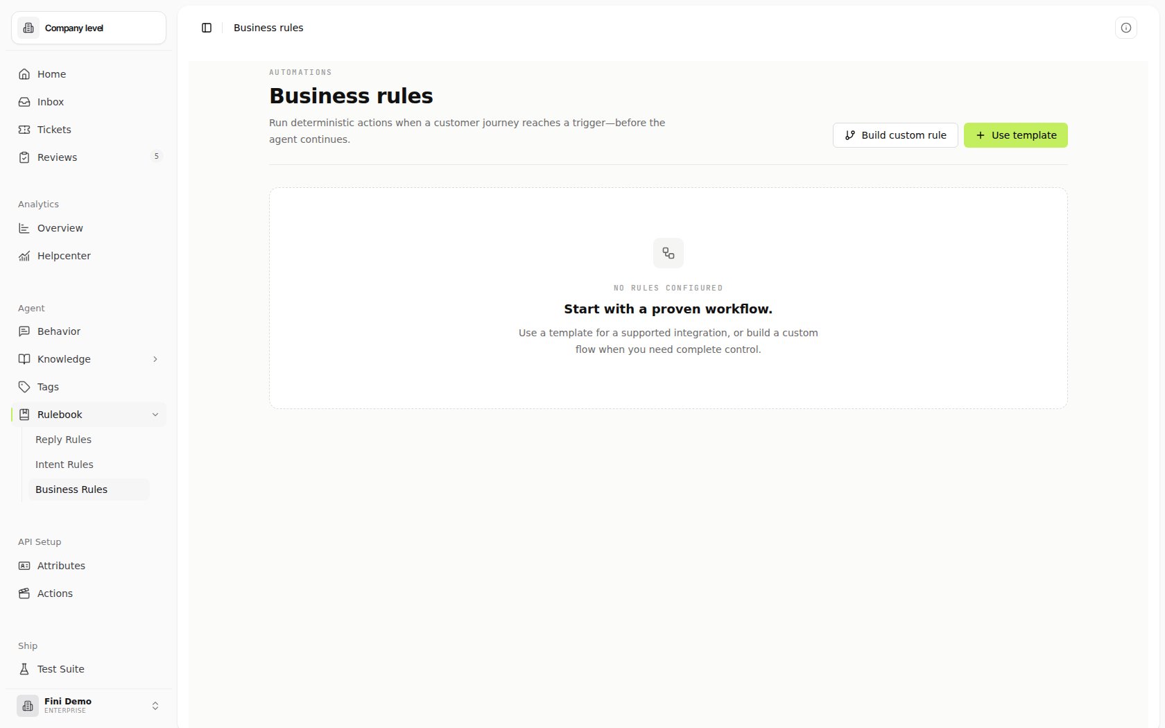 Business Rules page in the Fini Demo workspace showing Use Default Rule and Create Custom actions plus a Zendesk Email Widget Escalation template rule with source Widget, trigger On Escalation, and mapped fields.