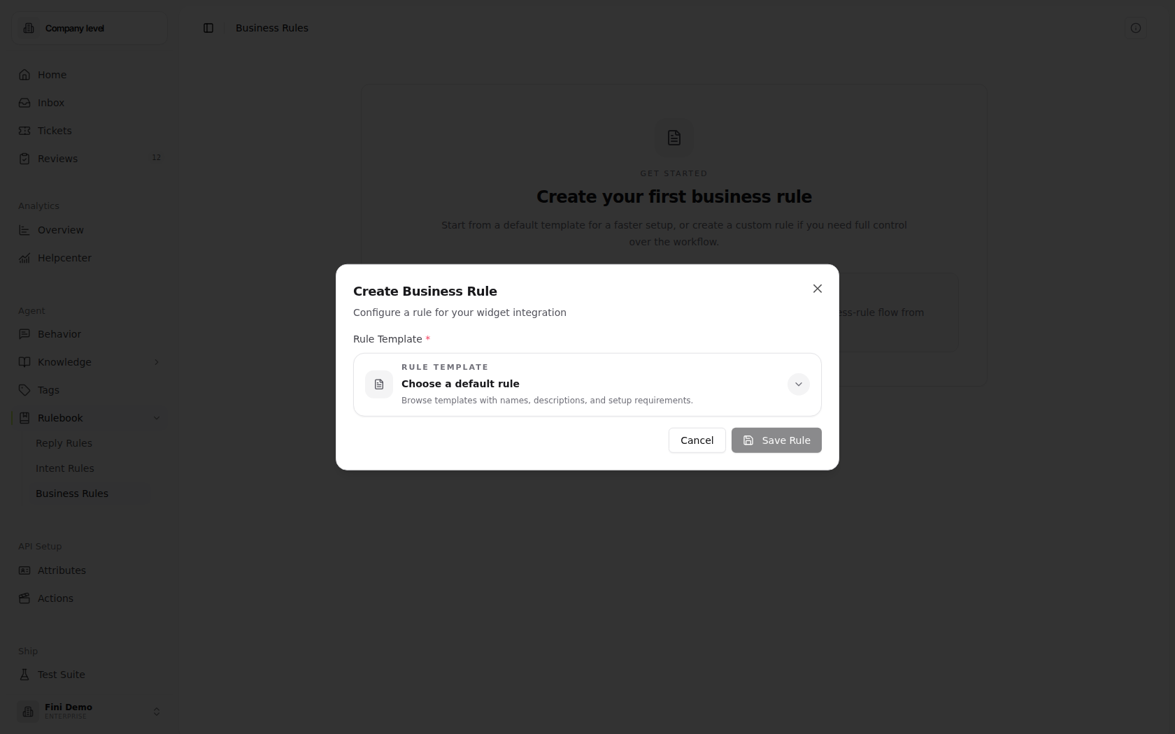 Create Business Rule modal in the Fini Demo workspace showing the Rule Template picker, Choose a default rule control, Cancel, and Save Rule buttons.
