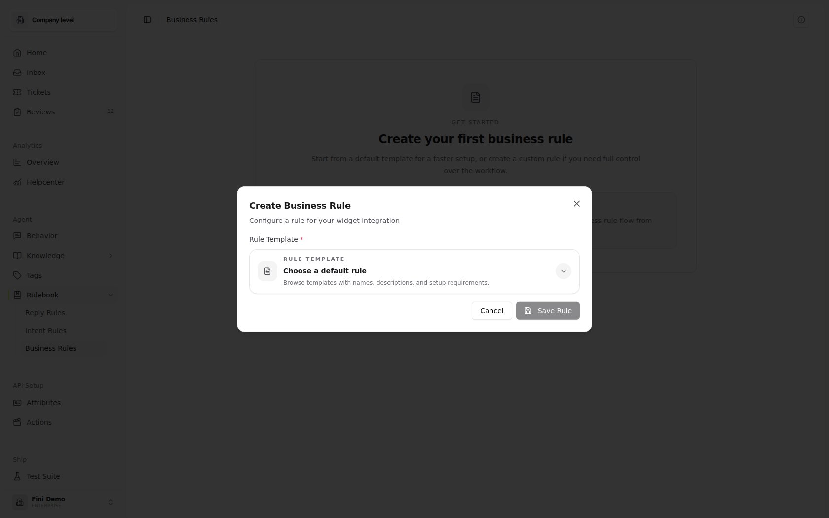 Create Business Rule modal in the Fini Demo workspace showing the Rule Template picker, Choose a default rule control, Cancel, and Save Rule buttons.