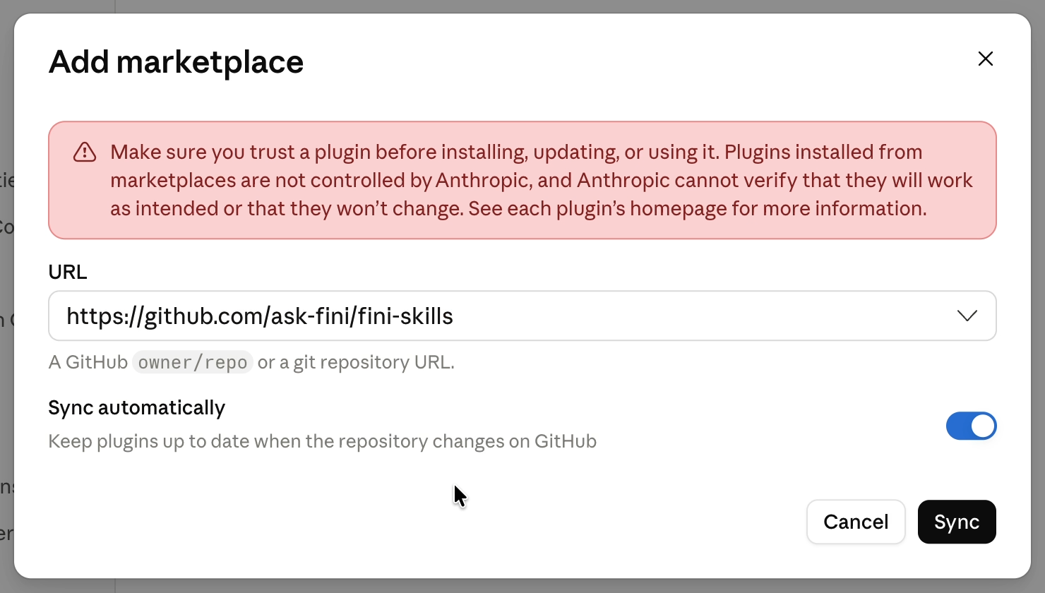Claude's Add marketplace dialog with the Fini repository URL pasted into the URL field and the Sync automatically toggle enabled