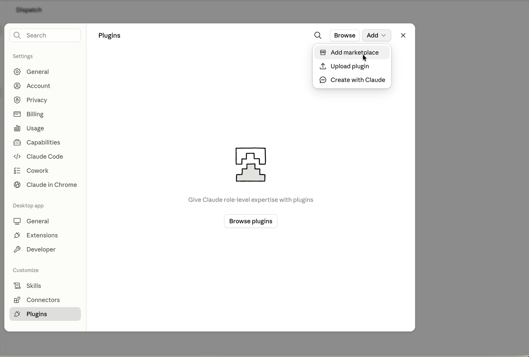 Claude's Plugins settings page with the Add menu open, showing Add marketplace, Upload plugin, and Create with Claude