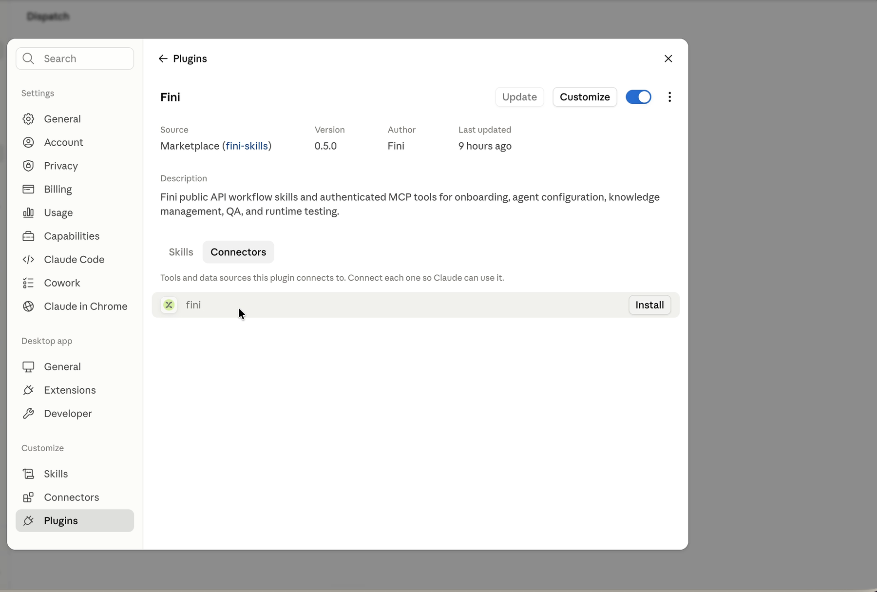 The installed Fini plugin in Claude with the Connectors tab open, showing the fini connector and its Install button
