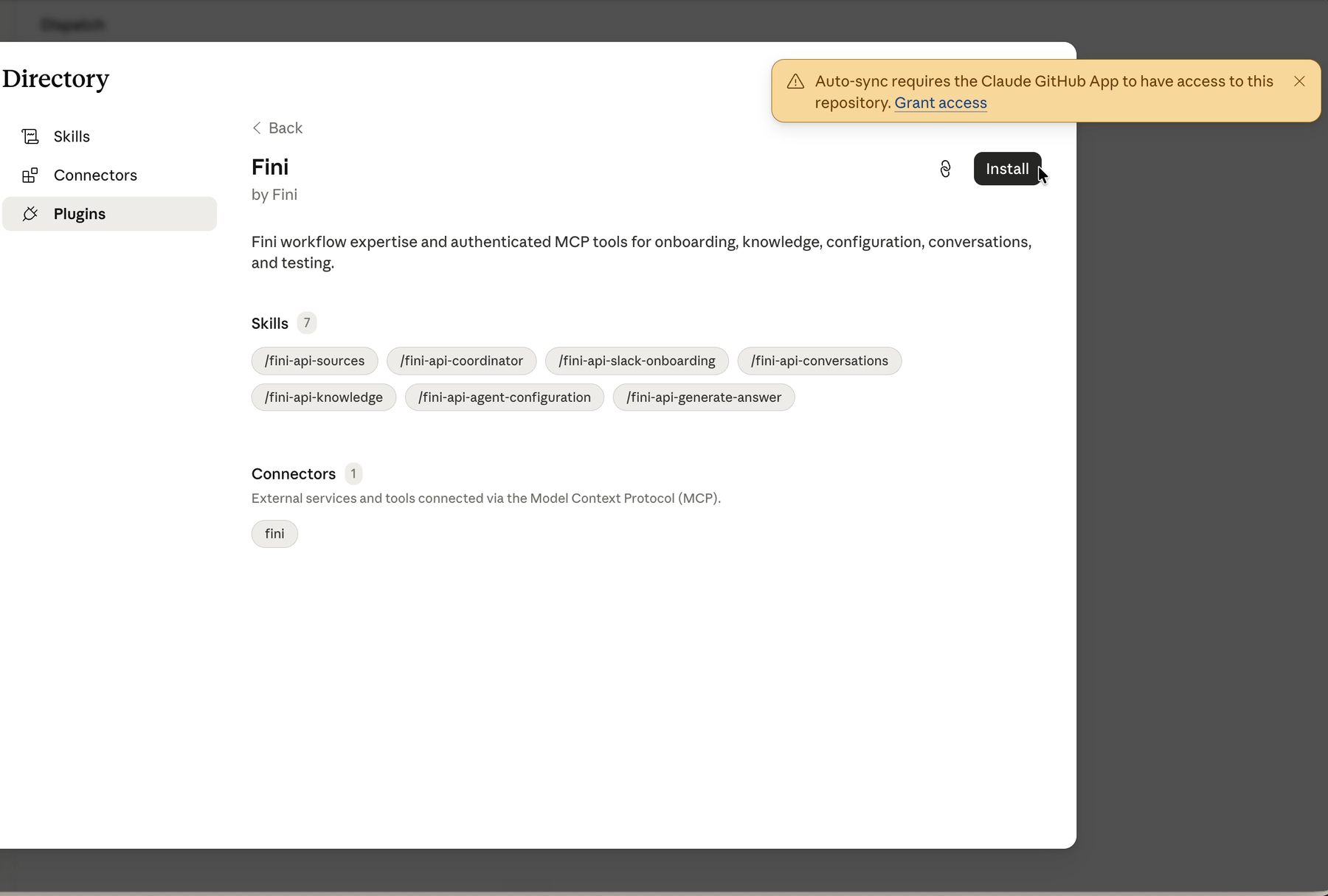 The Fini plugin page in Claude before installing, showing the Install button, the seven bundled skills, and the single MCP connector