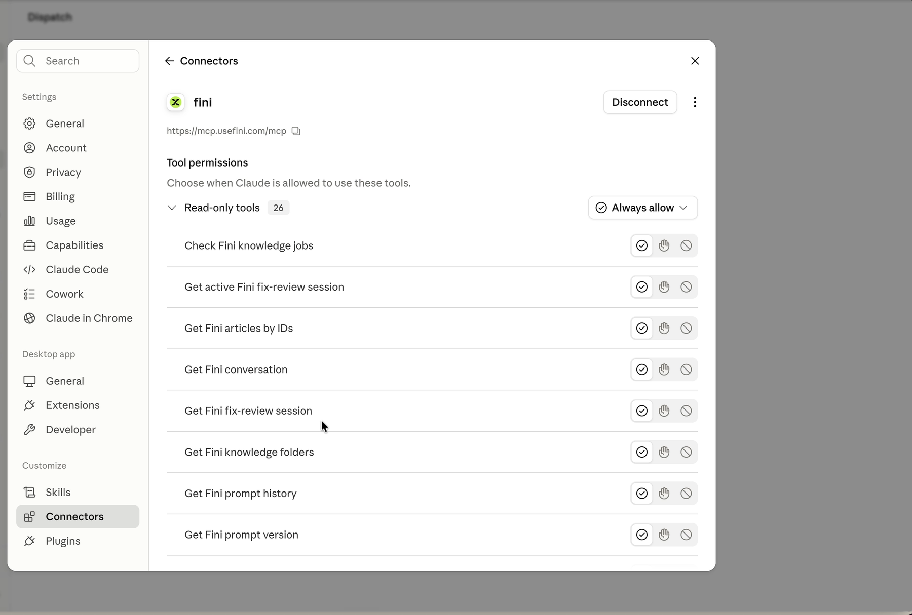 The fini connector's Tool permissions panel in Claude with the read-only tool group set to Always allow and its individual tools listed below