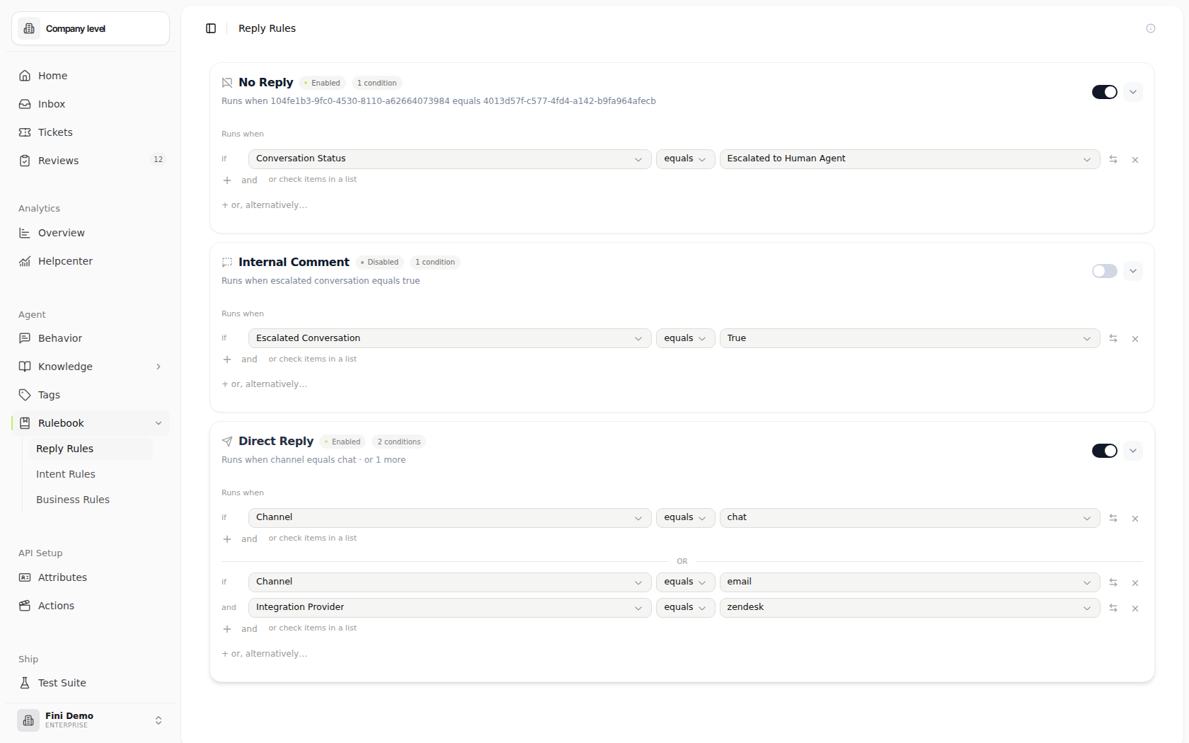 Reply Rules page in the Fini Demo workspace with No Reply, Internal Comment, and Direct Reply expanded to show their condition groups, enabled states, and save controls.
