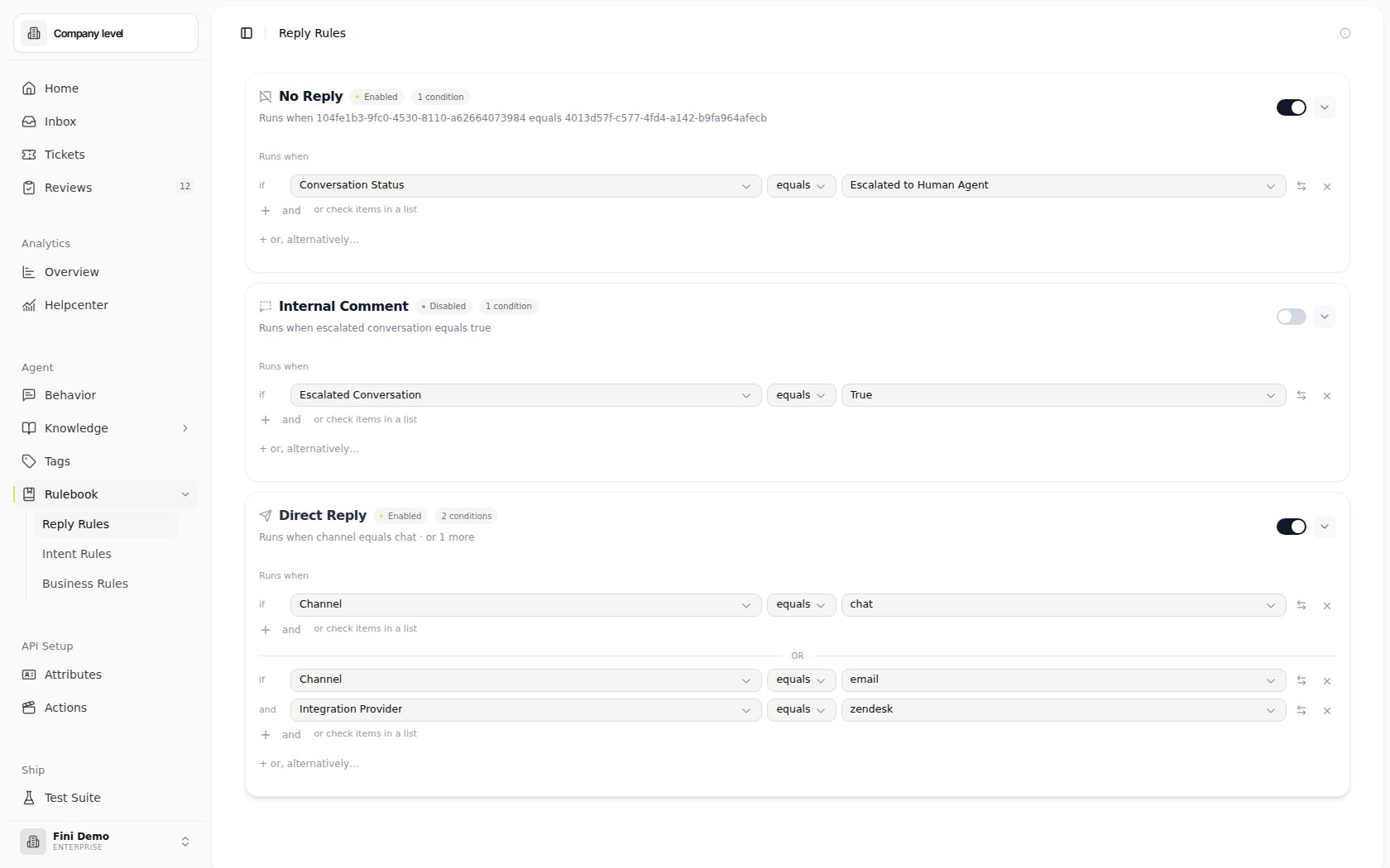 Reply Rules page in the Fini Demo workspace with No Reply, Internal Comment, and Direct Reply expanded to show their condition groups, enabled states, and save controls.