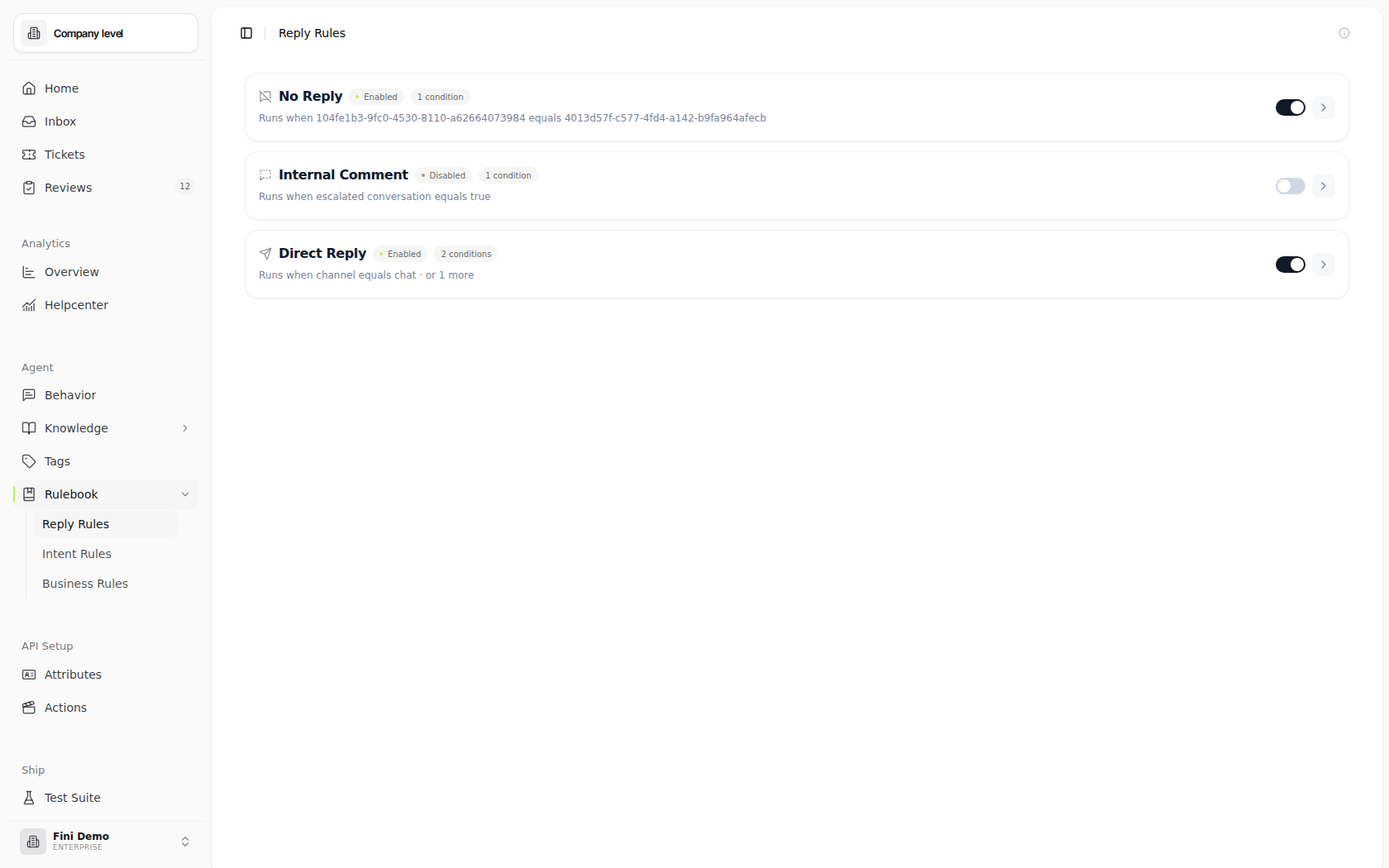 Reply Rules page showing the No Reply, Internal Comment, and Direct Reply cards. Each card carries an icon, status pill, condition count, description, and enable toggle.