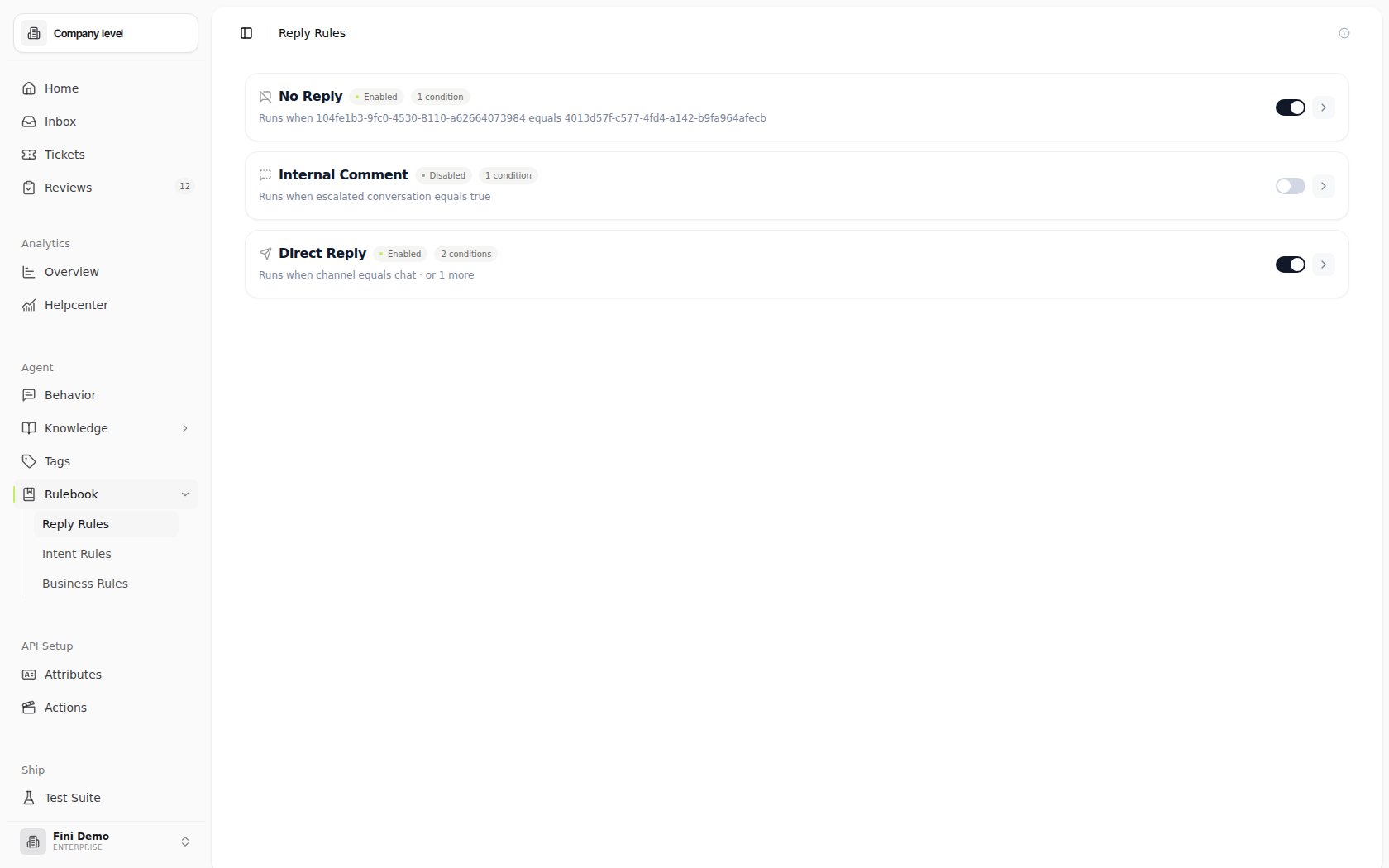 Reply Rules page showing the No Reply, Internal Comment, and Direct Reply cards. Each card carries an icon, status pill, condition count, description, and enable toggle.
