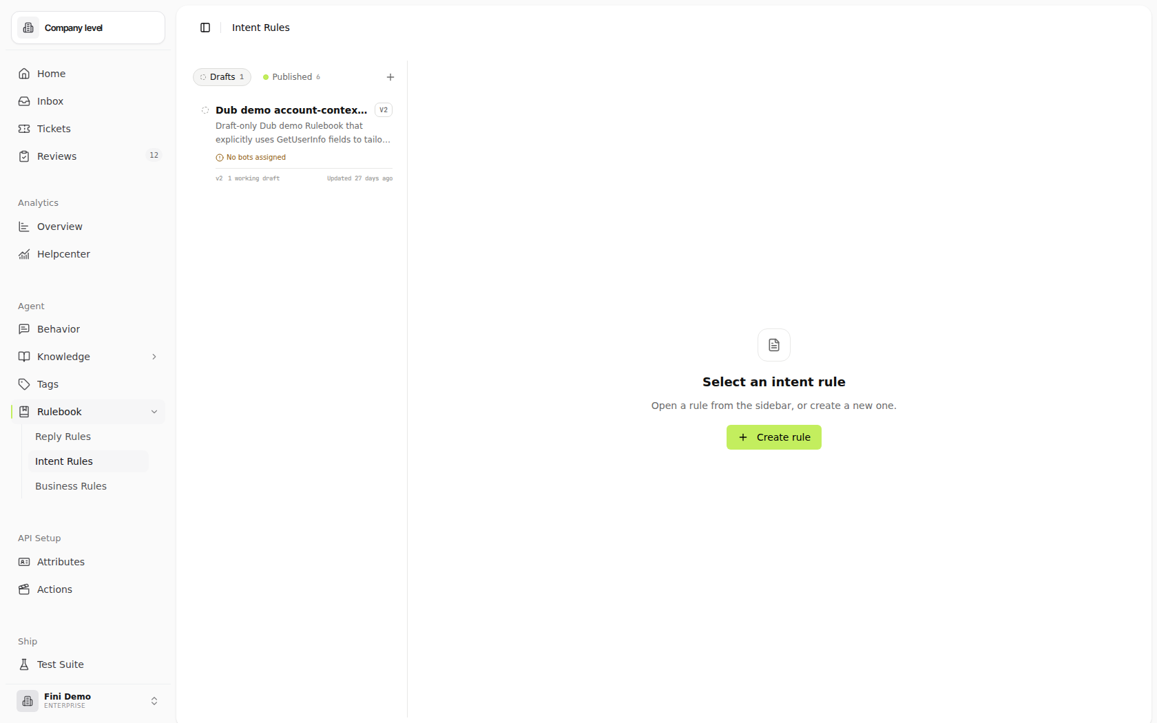 Intent Rules page in the Fini Demo workspace showing published rules such as Request Type Router, Account Perks, Transaction Lookup, and Check Balance, with an empty detail pane prompting the user to select or create an intent rule.