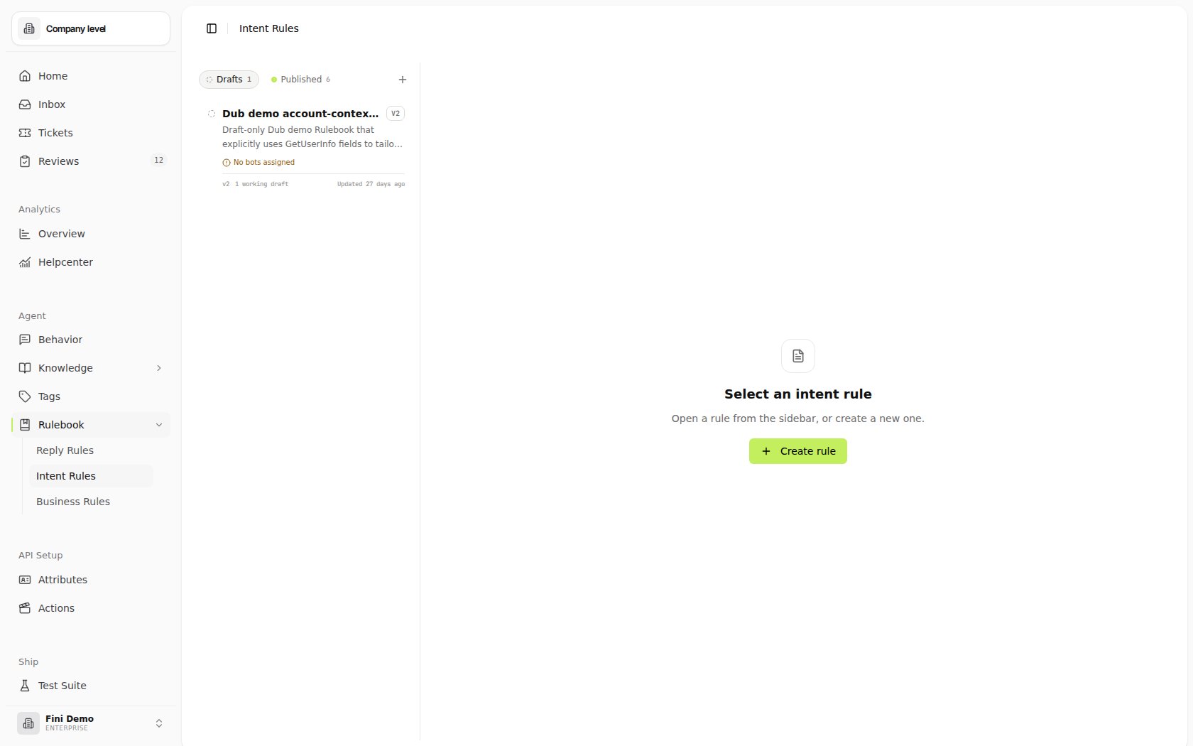 Intent Rules page in the Fini Demo workspace showing published rules such as Request Type Router, Account Perks, Transaction Lookup, and Check Balance, with an empty detail pane prompting the user to select or create an intent rule.